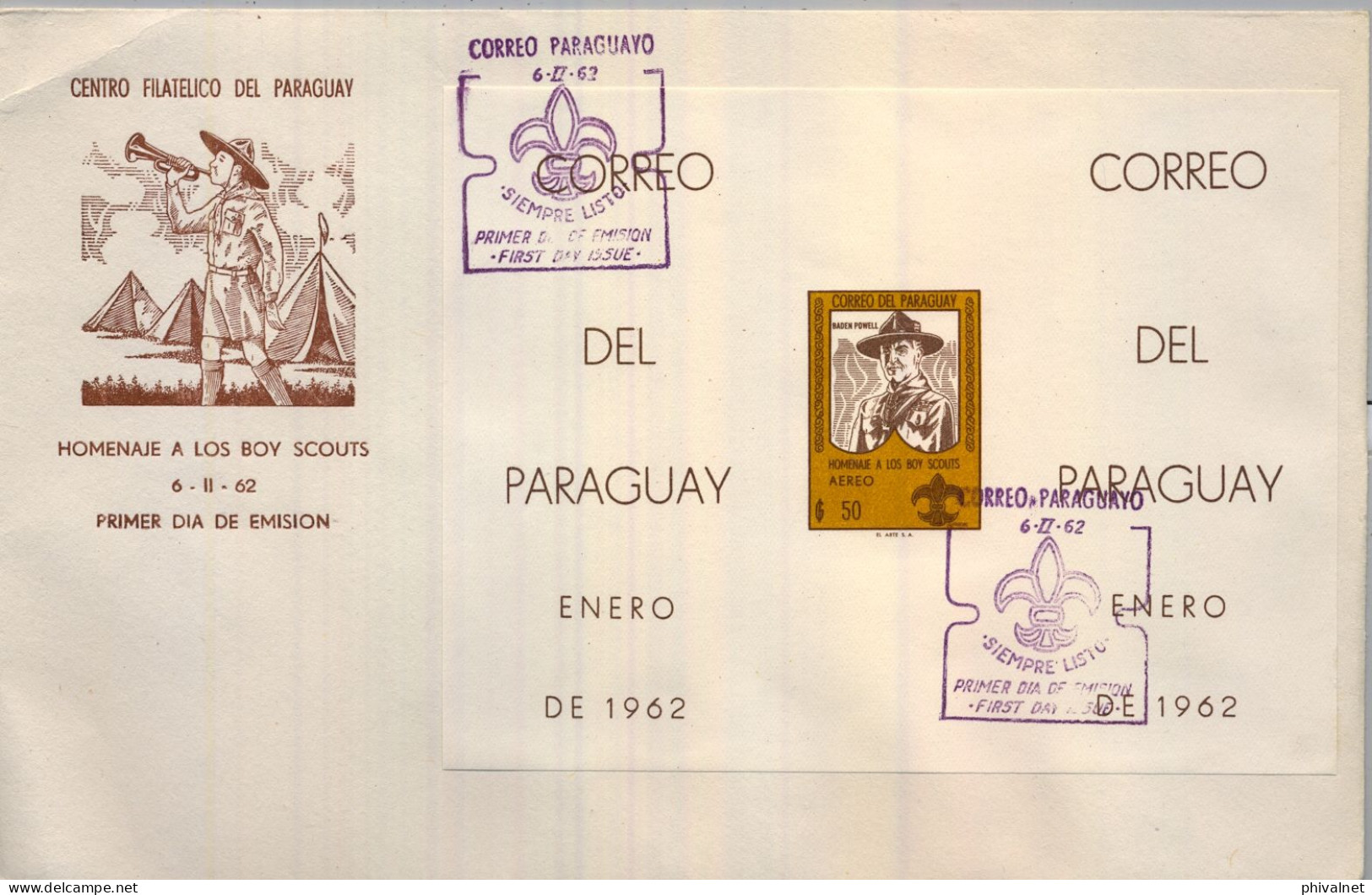 1962 PARAGUAY , PRIMER DIA , FIRST DAY , HOMENAJE A LOS BOY SCOUTS , BADEN POWELL , HOJITA SIN DENTAR - Paraguay