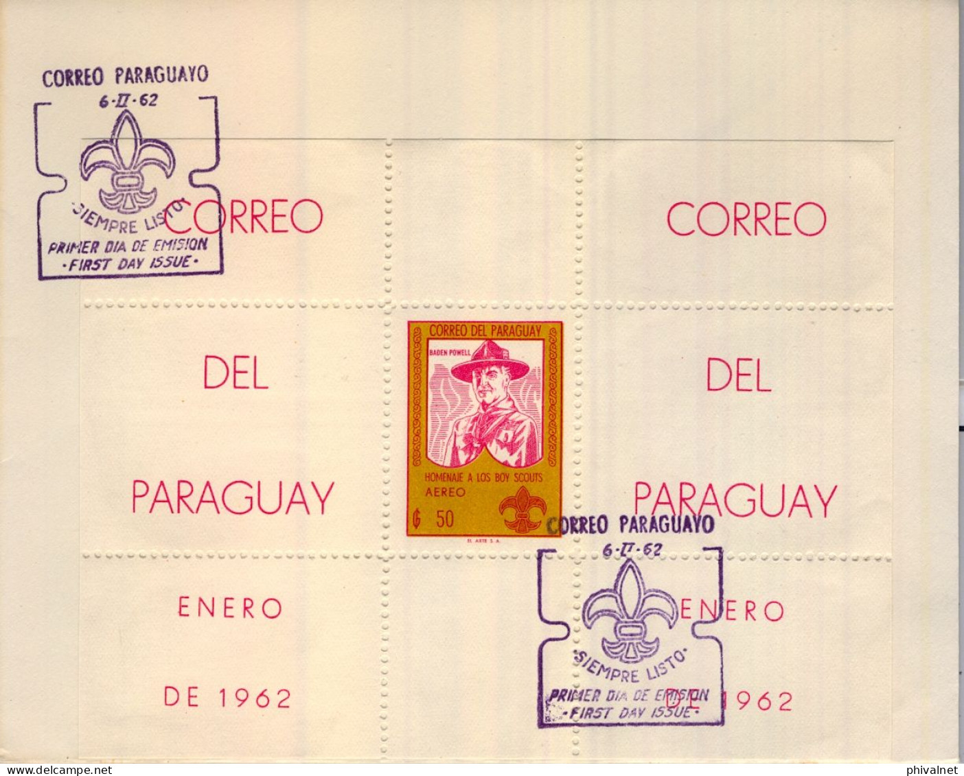 1962 PARAGUAY , PRIMER DIA , FIRST DAY , HOMENAJE A LOS BOY SCOUTS , BADEN POWELL , HOJITA DENTADA , SOBRE PEQUEÑO - Paraguay