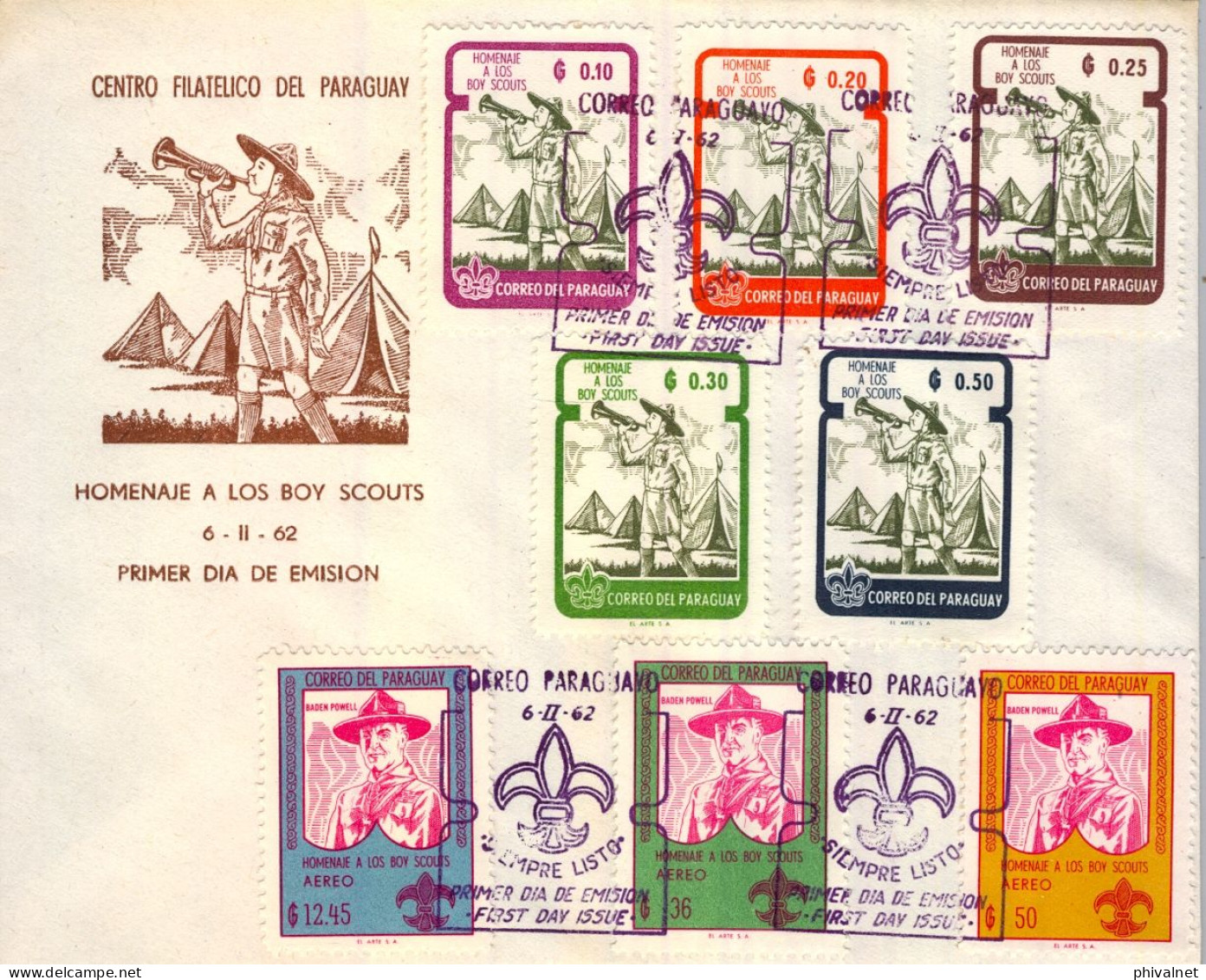 1962 , PARAGUAY , YV. 48/52+314/16 AER. , SOBRE DE PRIMER DIA , HOMENAJE A LOS BOY SCOUTS. - Paraguay