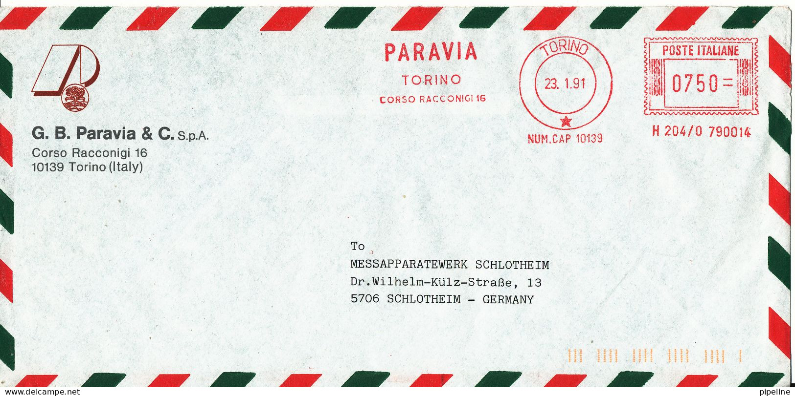 Italy Air Mail Cover With Red Meter Cancel Sent To Germany Torino 23-1-1991 - Poste Aérienne