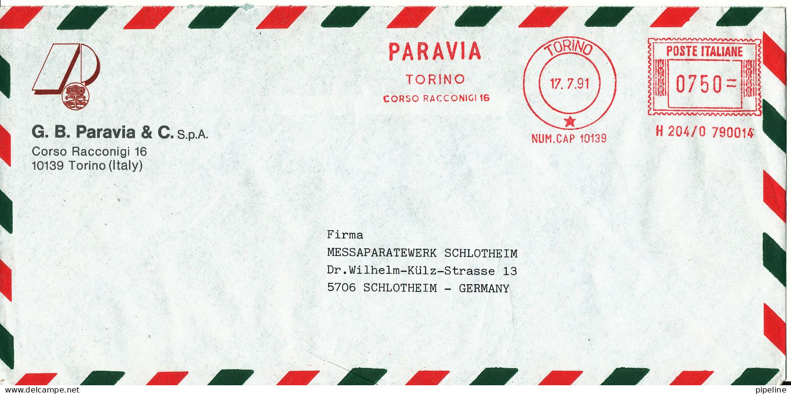 Italy Air Mail Cover With Red Meter Cancel Sent To Germany Torino 17-7-1991 - Airmail