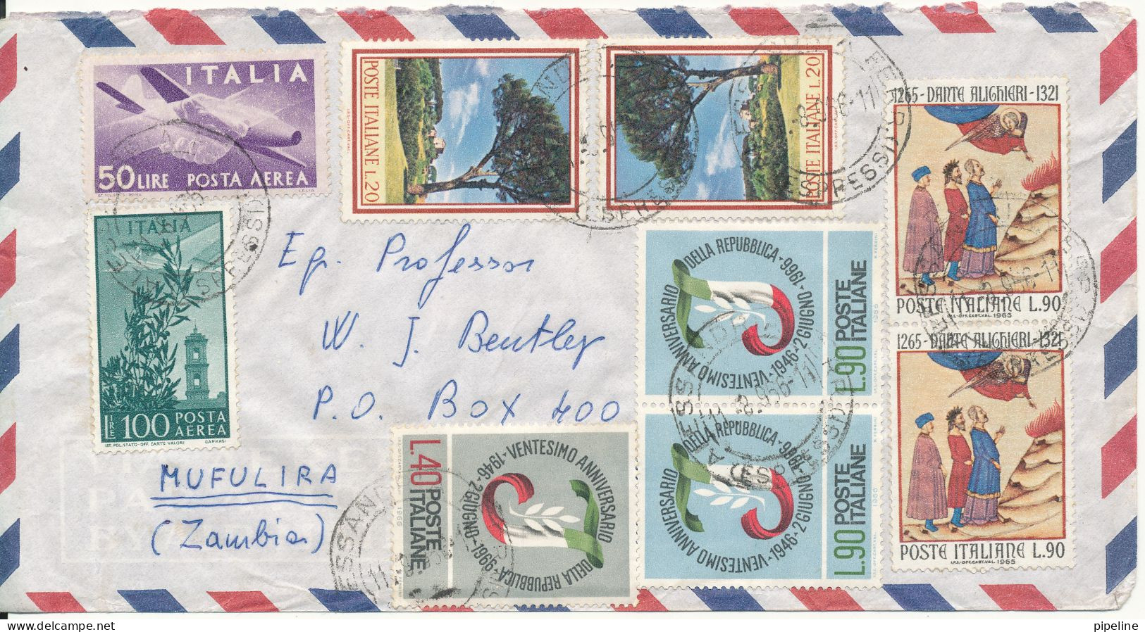 Italy Air Mail Cover Sent To Zambia 11-8-1966 - Airmail