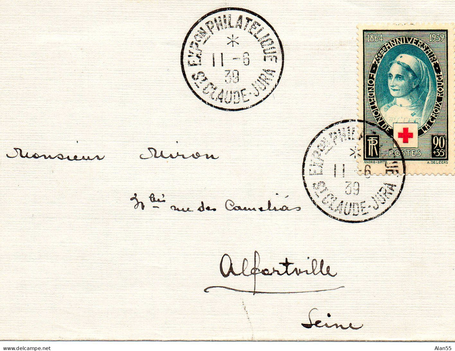 FRANCE.1939.  "90C INFIRMIERE CROIX-ROUGE".(N°422 SEUL S/LETTRE). EXPOS.PHIL.SAINT CLAUDE". - Red Cross