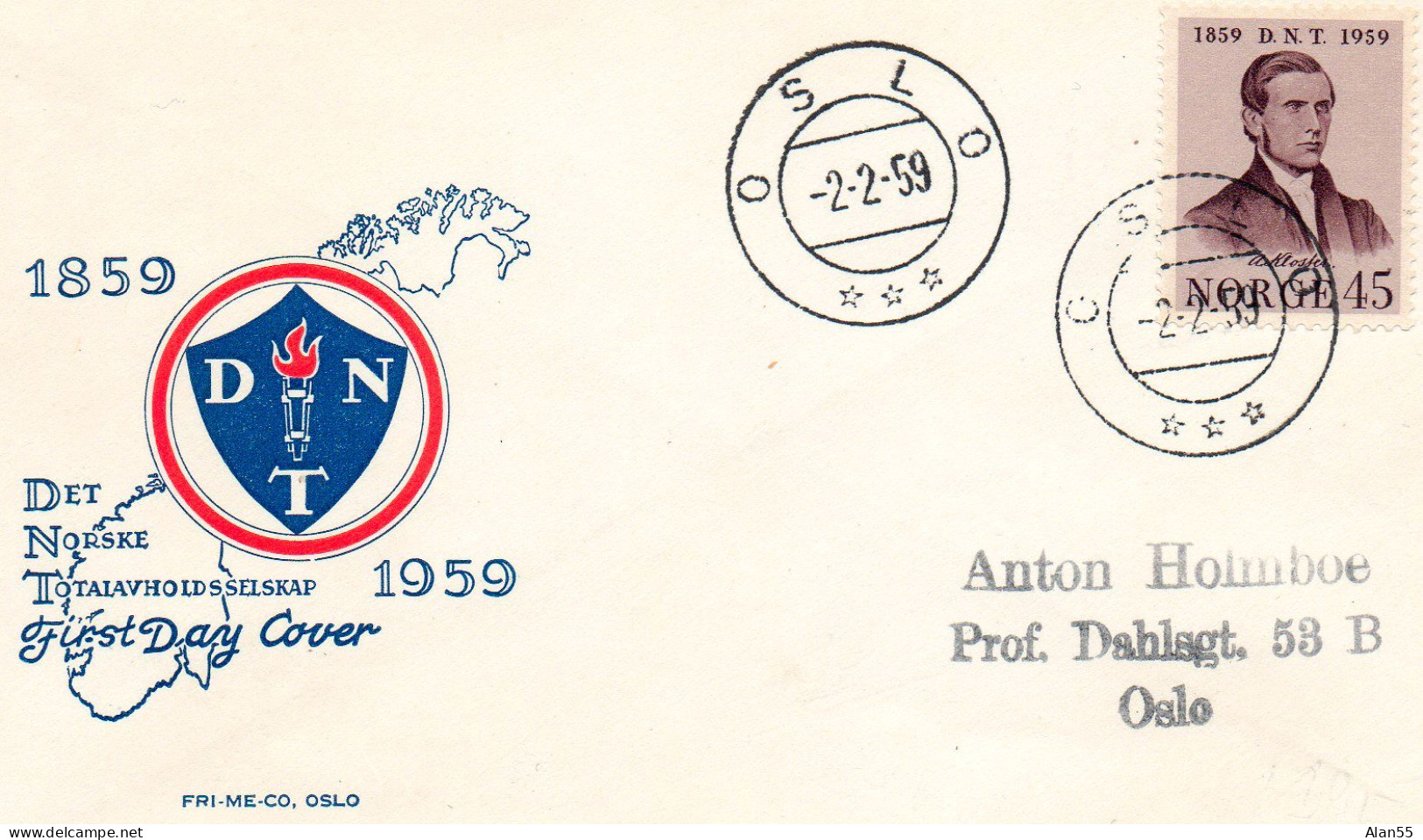 NORVEGE.1959.  "CENTENAIRE ASSOCIATION NORVEGIENNE DE TEMPERANCE". - FDC