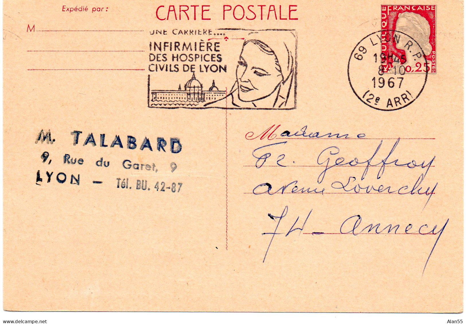 FRANCE.1967. ENTIER POSTAL "MARIANNE-DECARIS".FLAMME "INFIRMIERE DES HOSPICES...". - Medicina