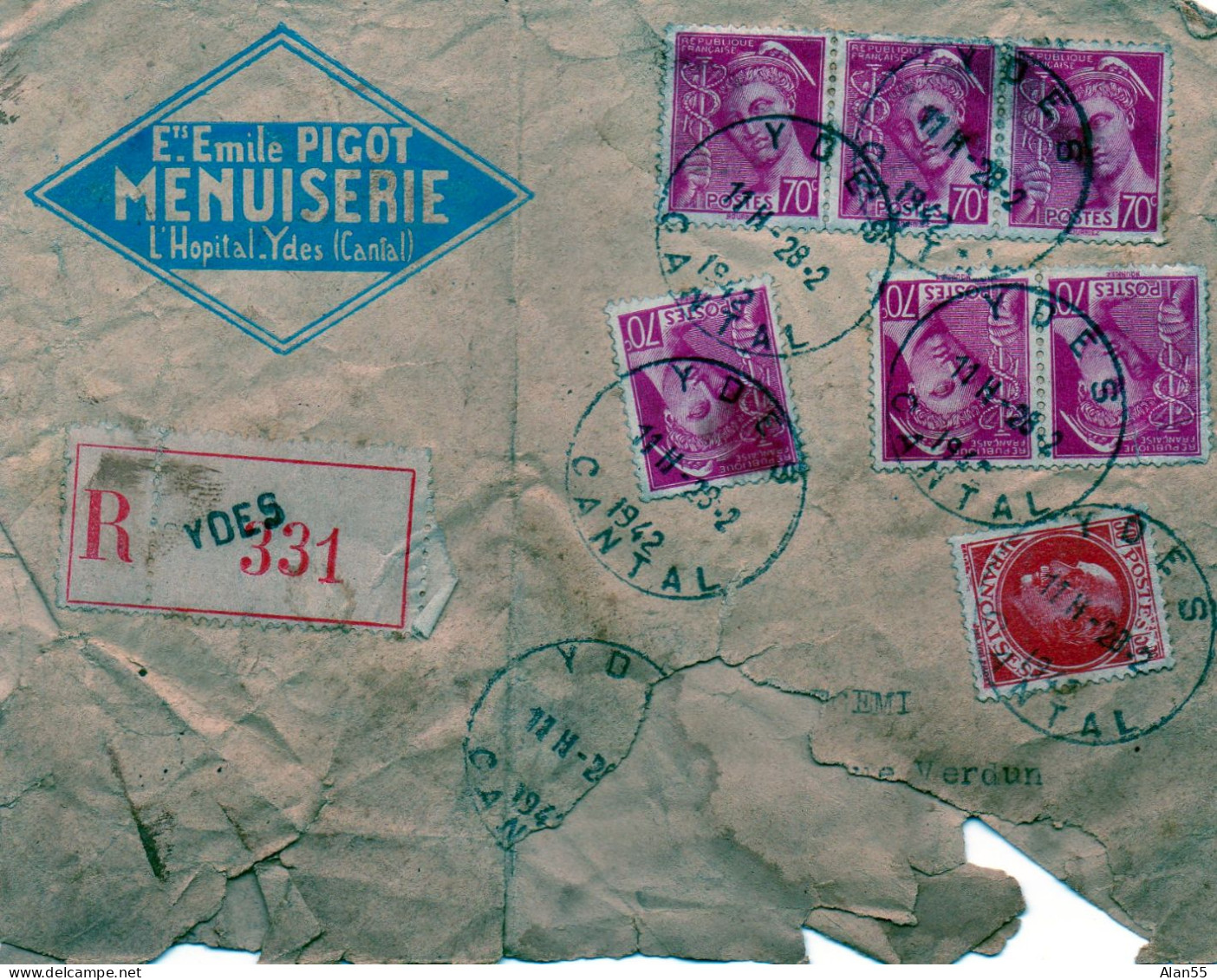 FRANCE.1942. . "MERCURE" Et "PETAIN" .LETTRE RECOMMANDEE  POUR MONTPELLIER (HERAULT) - 1938-42 Mercure