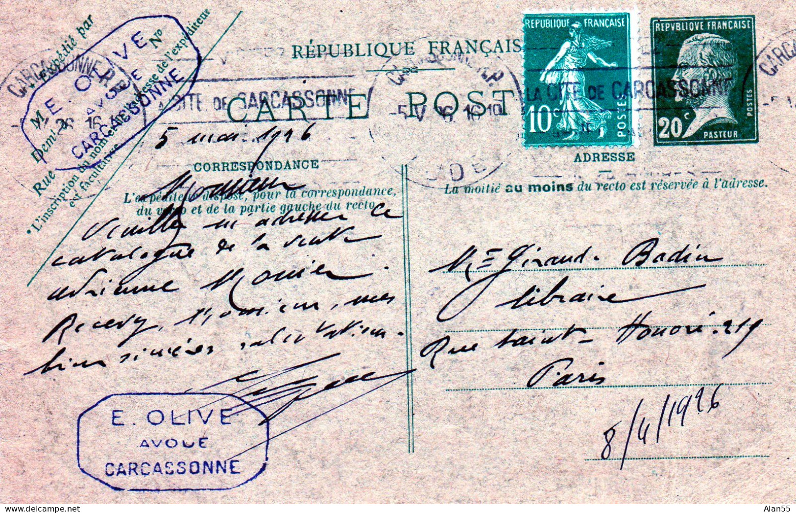 FRANCE.1926. "PASTEUR". ENTIER POSTAL .20C + SEMEUSE 10C.VARIETE DE PIQUAGE". - 1922-26 Pasteur