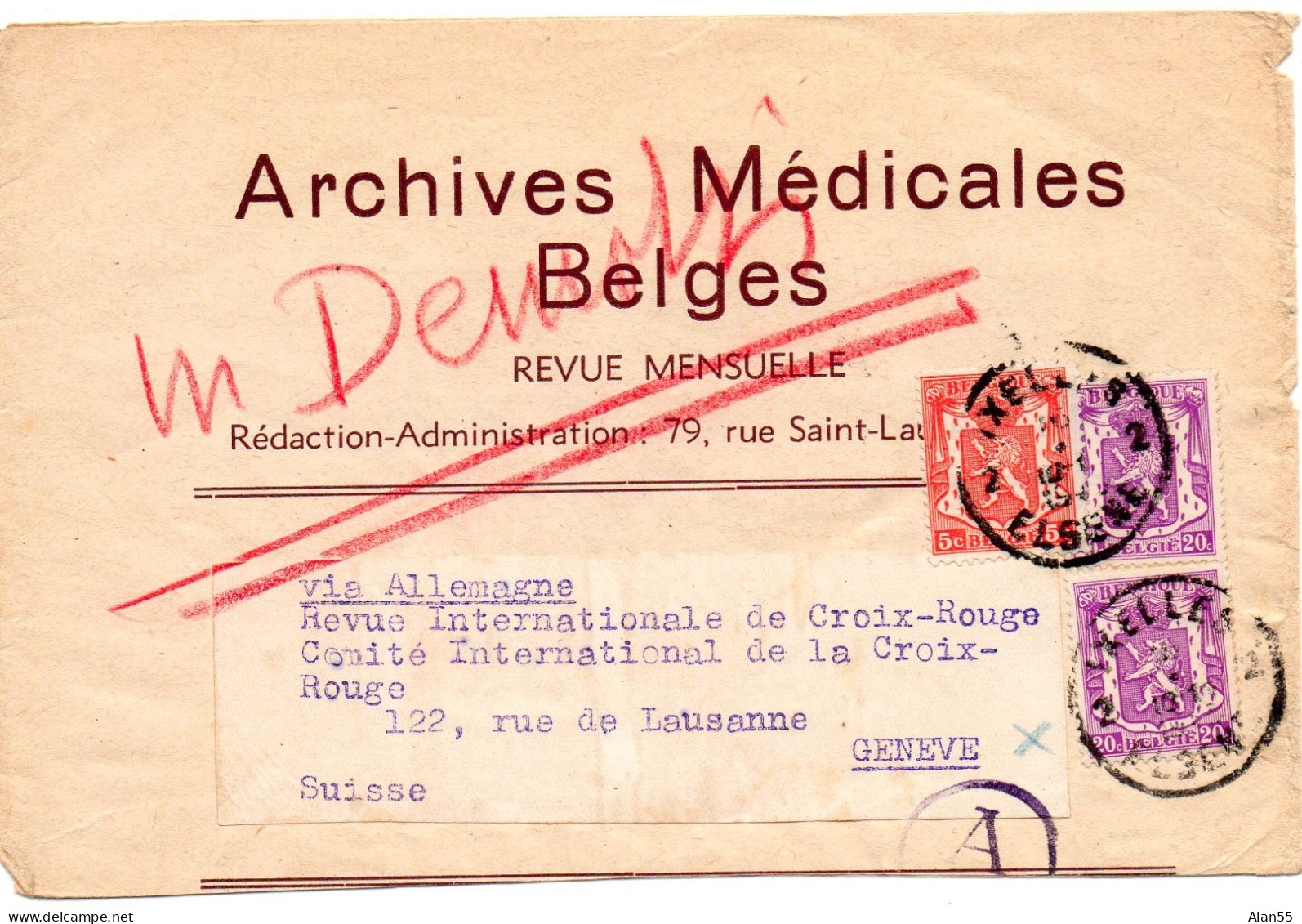 BELGIQUE.1941. "ARCHIVES MEDICALES BELGES". BANDE JOURNAL. CENSURE ALLEMANDE POUR LA SUISSE.Verso: Publicité. - Newspaper [JO]
