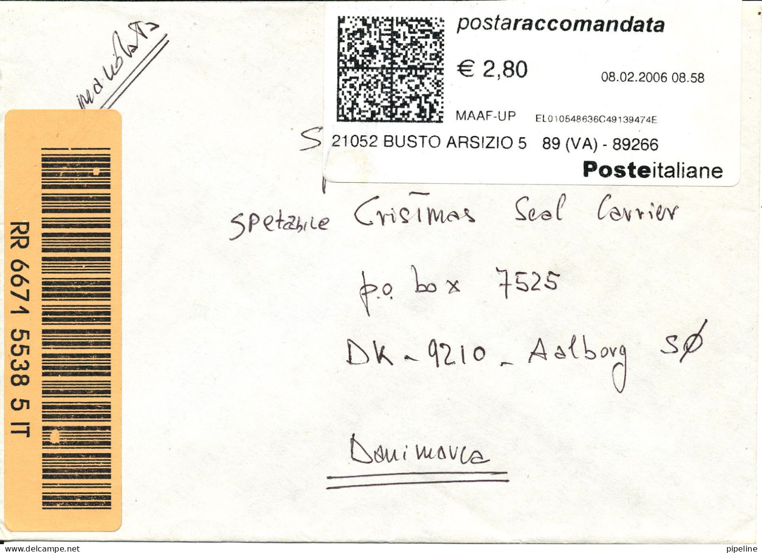 Italy Registered Cover With Franking Label Sent To Denmark 8-2-2006 - 2001-10: Poststempel