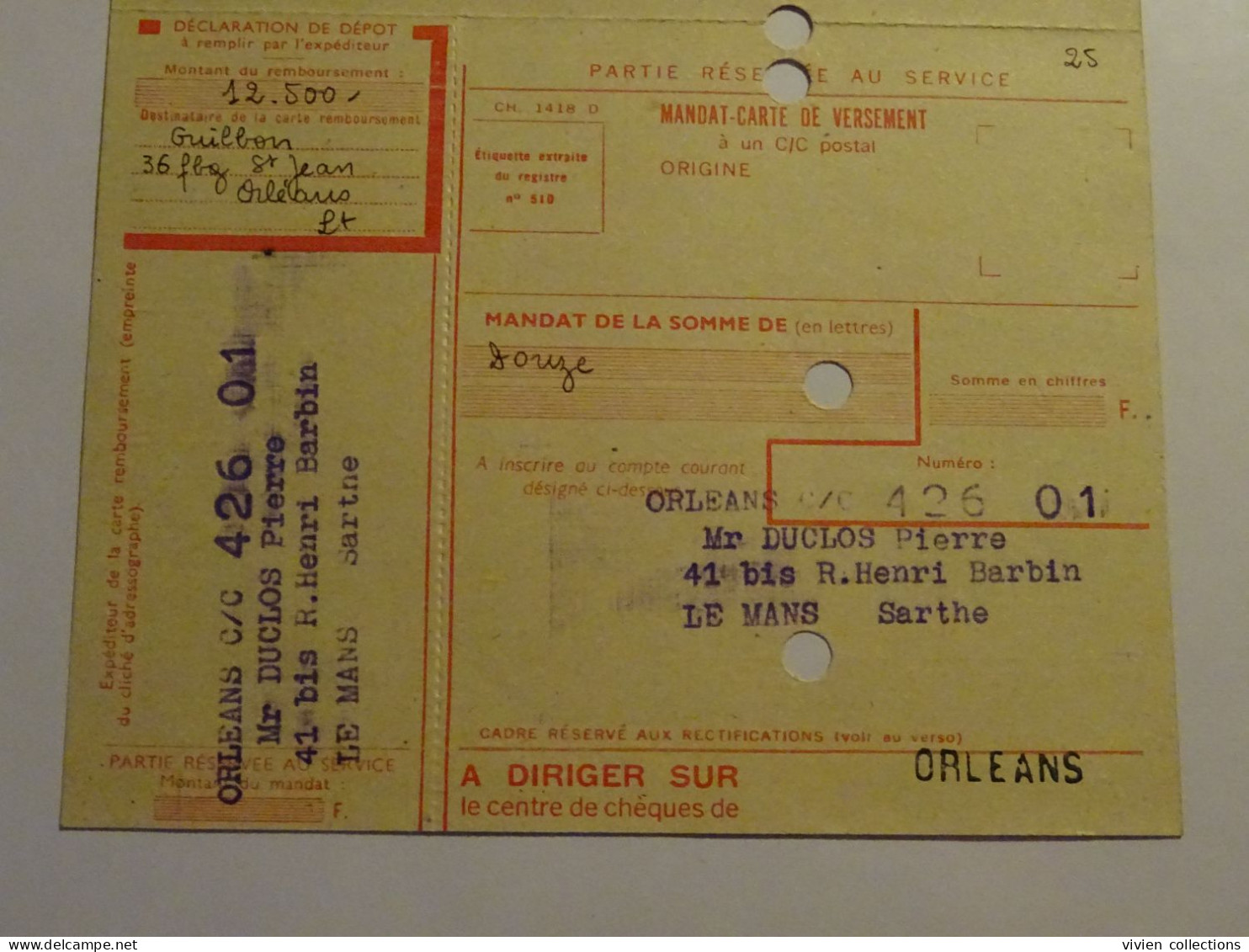 France cours d'instruction pratique Orléans 1954 bordereau et carte contre remboursement pour Le Mans
