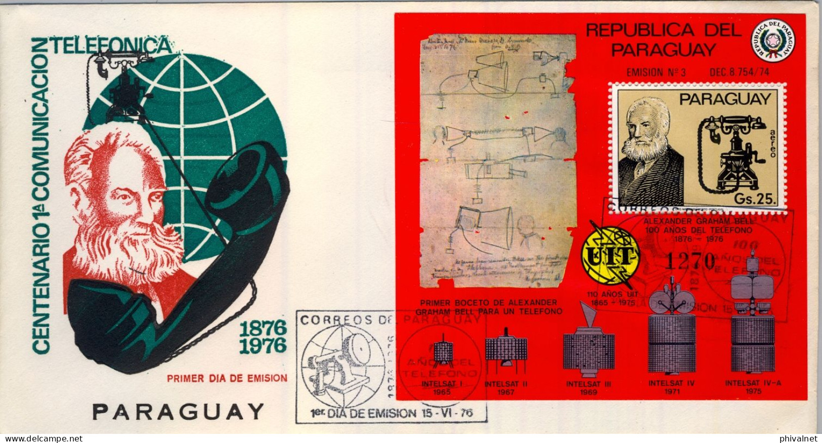 1976 PARAGUAY , SOBRE DE PRIMER DIA , FIRST DAY COVER , CENTENARIO DEL TELÉFONO , GRAHAM BELL , TELEPHONE - Paraguay