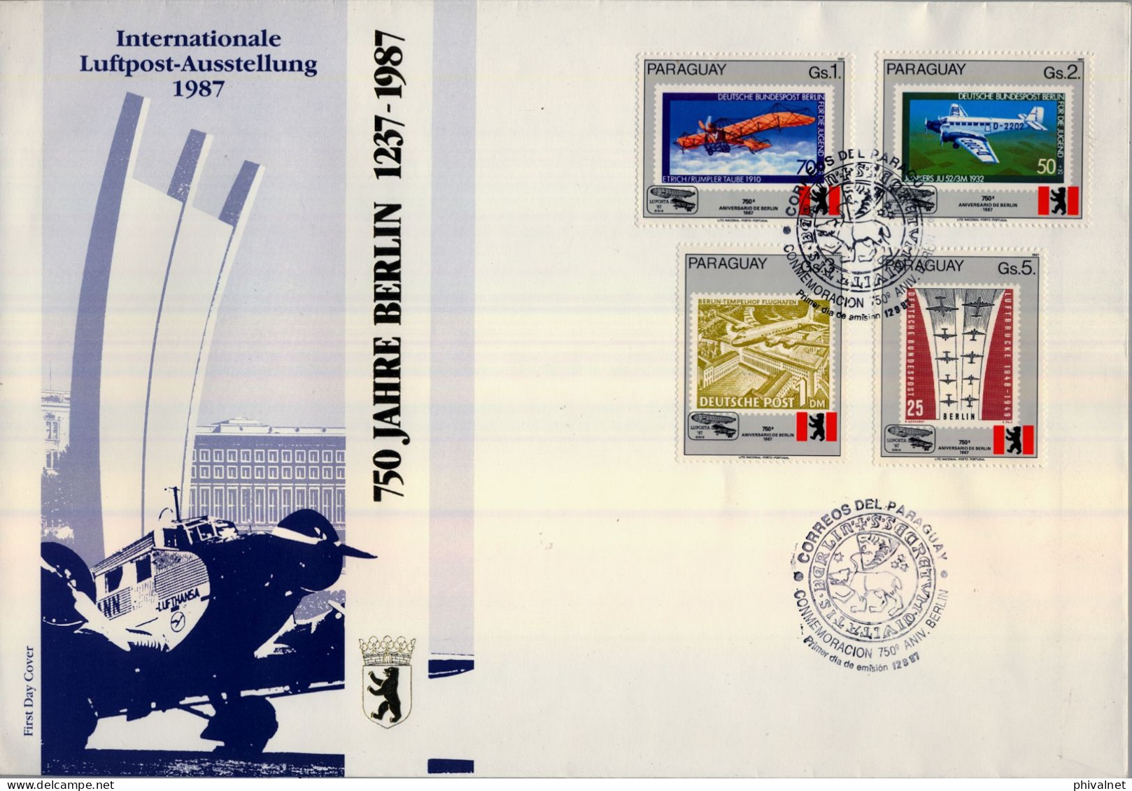 1987  PARAGUAY , SOBRE DE PRIMER DIA , FIRST DAY COVER , 750 ANIVERSARIO DE BERLIN , AVIONES , AVIACIÓN - Paraguay