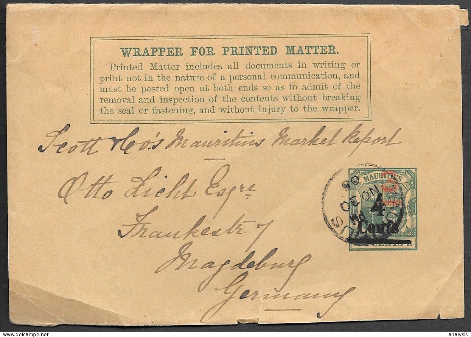 Mauritius 4c Ovpr Postal Stationery Wrapper Mailed To Germany 1903 - Mauritius (...-1967)