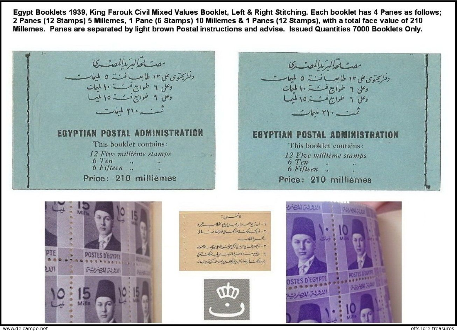 Egypt TWO Complete Stamp Booklet 1939 King Farouk Civil 5,10, 15 Composite Values Left & Right Stitched - Unused Stamps