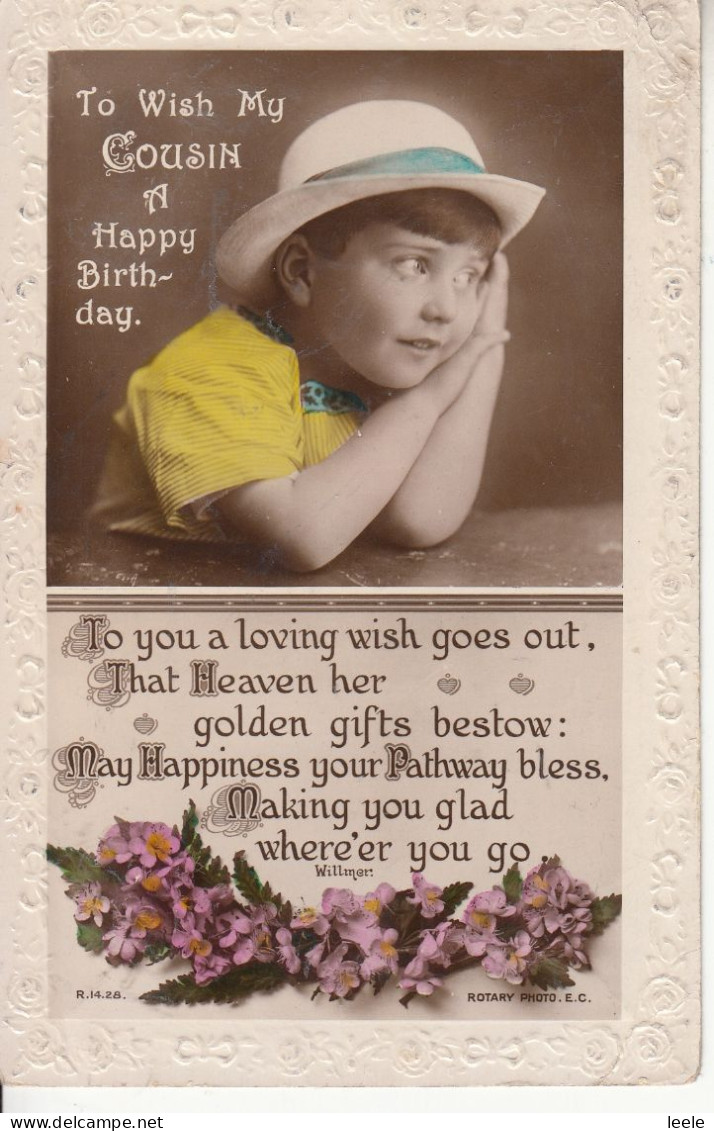 E75. Vintage Greetings Postcard.  Boy In A Straw Hat. Cousin. - Groupes D'enfants & Familles