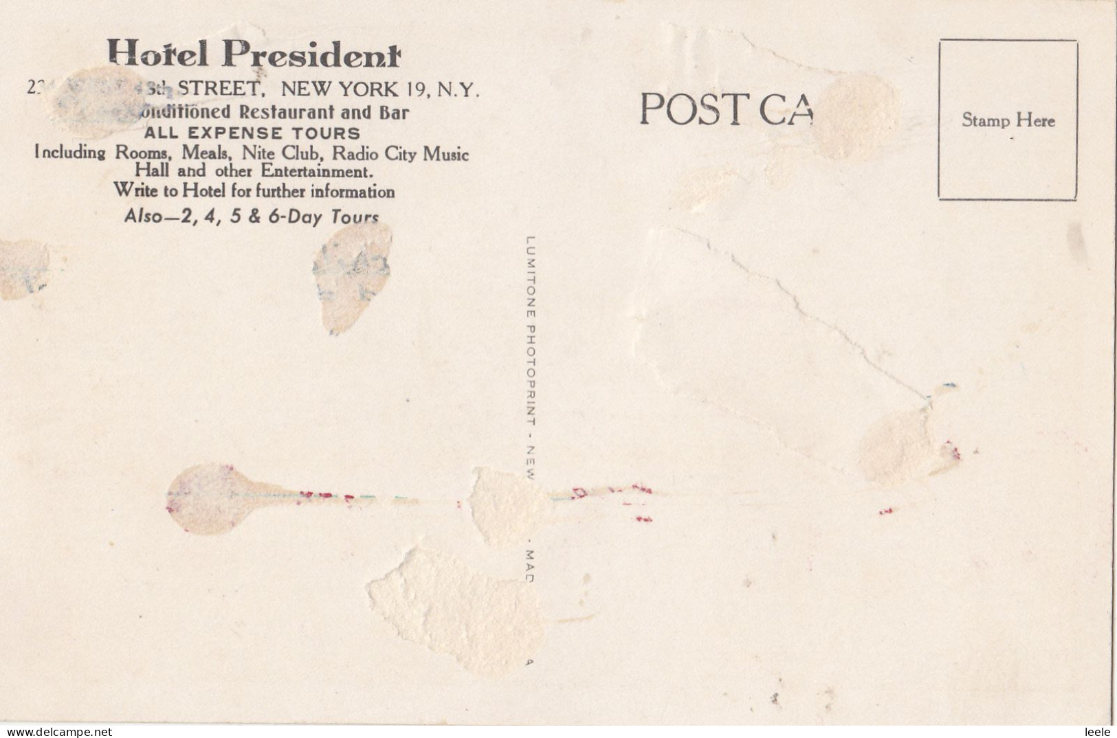 E48. Vintage Postcard. Hotel President. 234 West 48th Street. New York. - Bars, Hotels & Restaurants