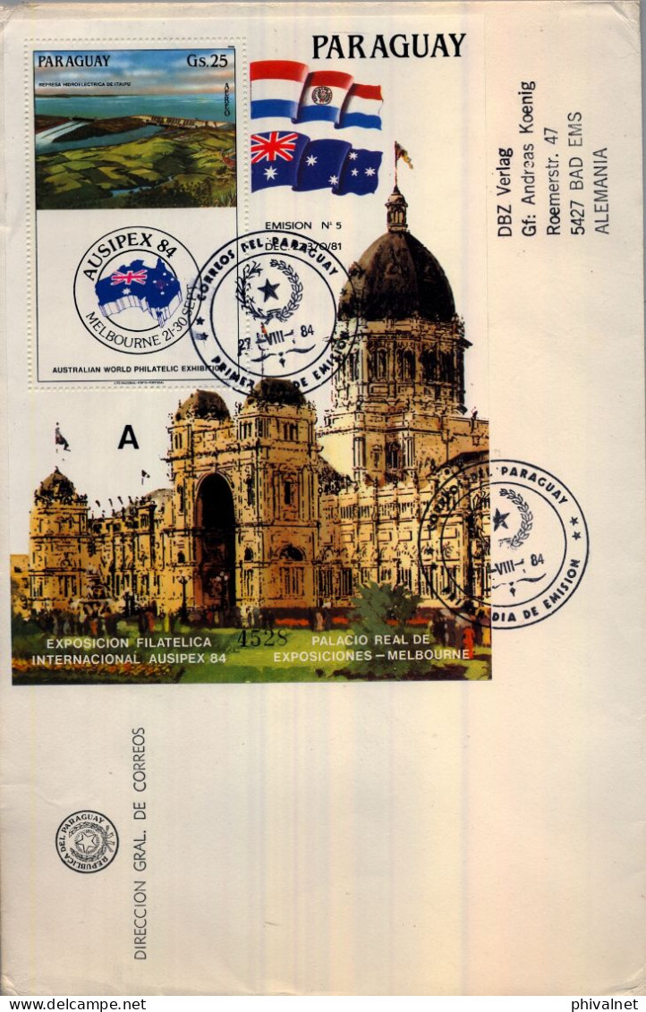 1984  PARAGUAY , SOBRE DE PRIMER DIA CERTIFICADO , FIRST DAY COVER , PALACIO REAL DE EXPOSICIONES , MELBOURNE , AUSIPEX - Paraguay