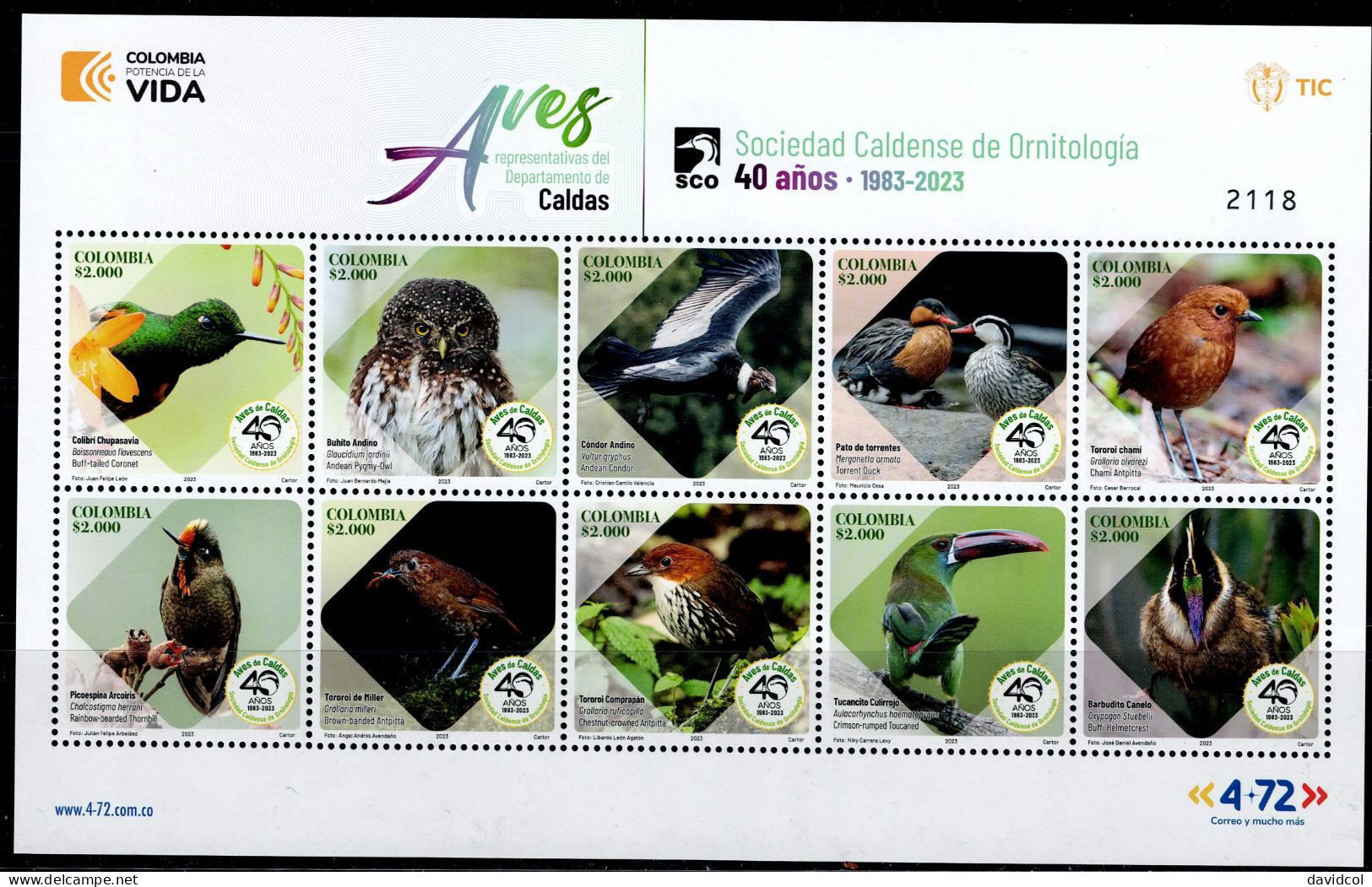 08-KOLUMBIEN - 2023-MNH SHEET- REPRESENTATIVE BIRDS OF THE CALDAS DEPT. - Colombie