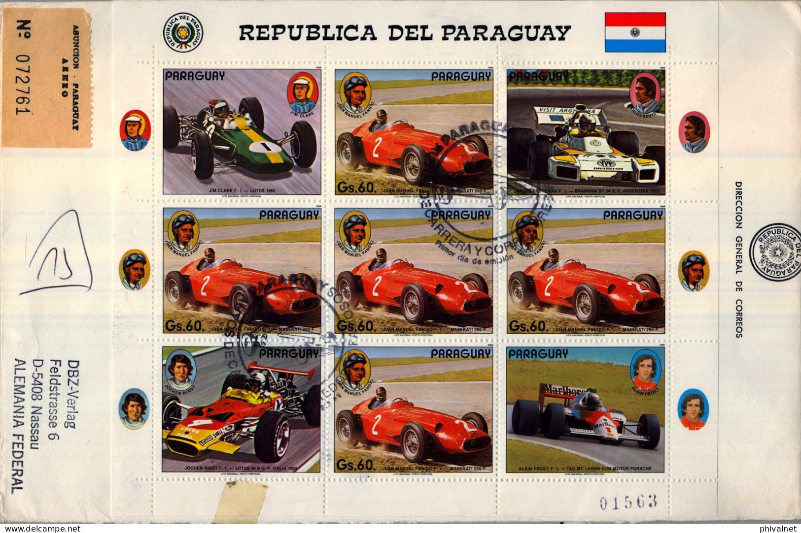 19849  PARAGUAY , PRIMER DIA CERTIFICADO , FIRST DAY COVER , AUTOMOVILISMO , AUTOS , COCHES , FÓRMULA 1 , FANGIO , - Paraguay