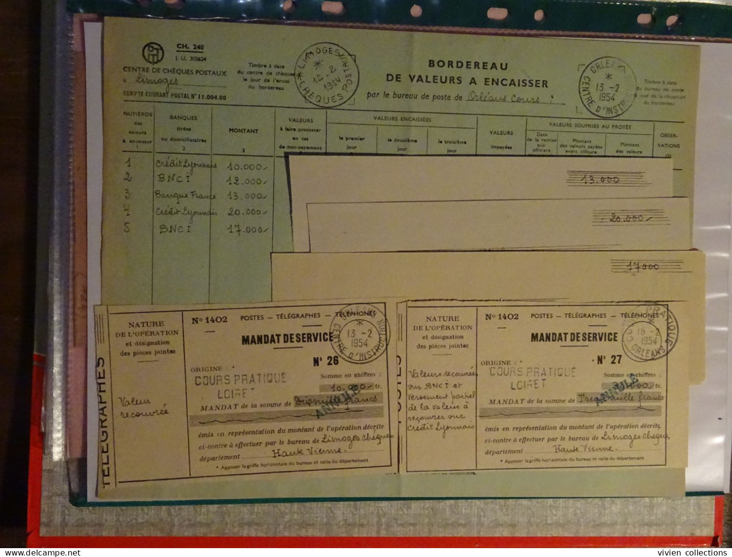 France Cours Centre D'instruction Orléans 1954 Bordereau, Chèque Et Mandat De Service Pour Limoges Chèques Postaux - Corsi Di Istruzione