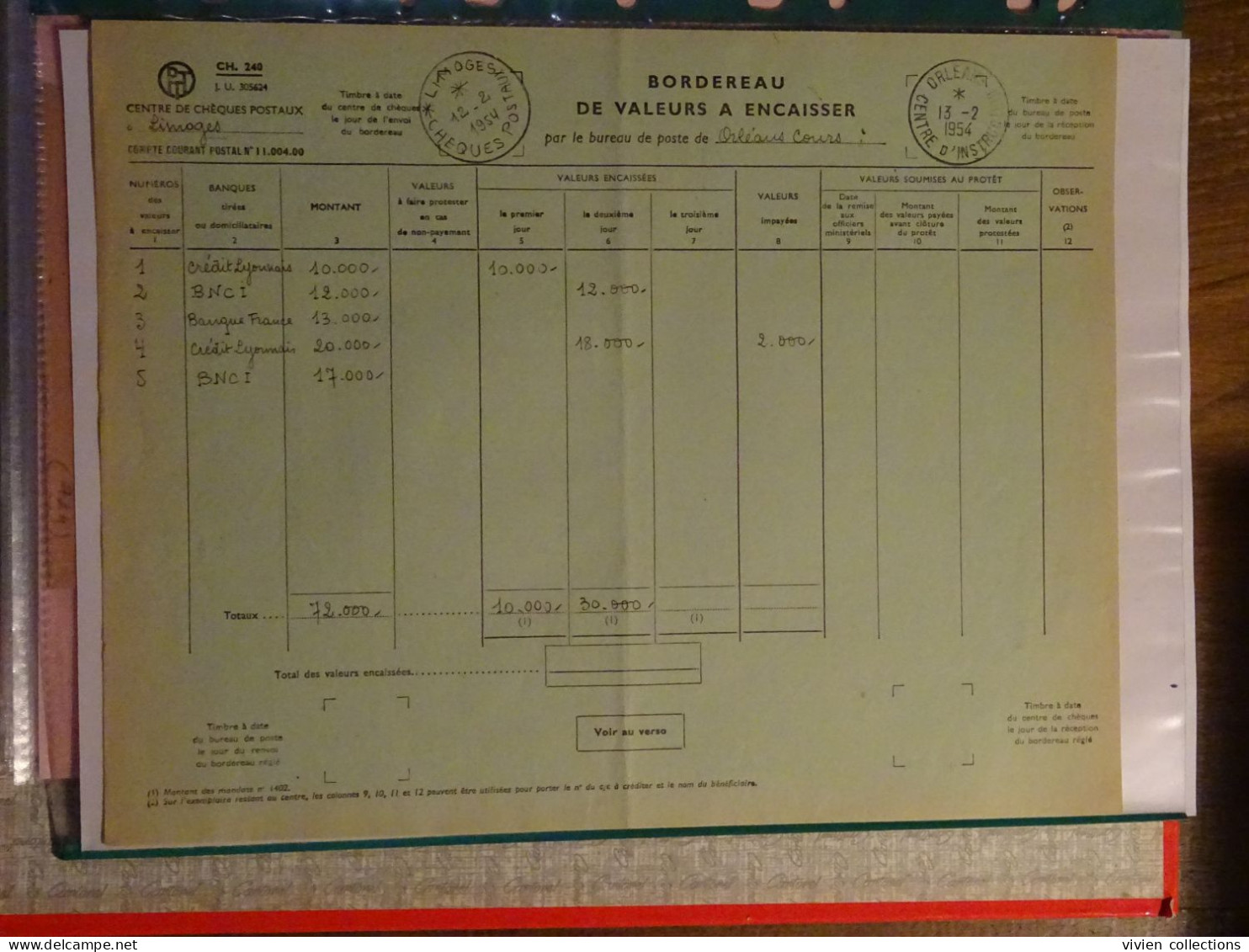 France Cours Centre D'instruction Orléans 1954 Bordereau, Chèque Et Mandat De Service Pour Limoges Chèques Postaux - Lehrkurse