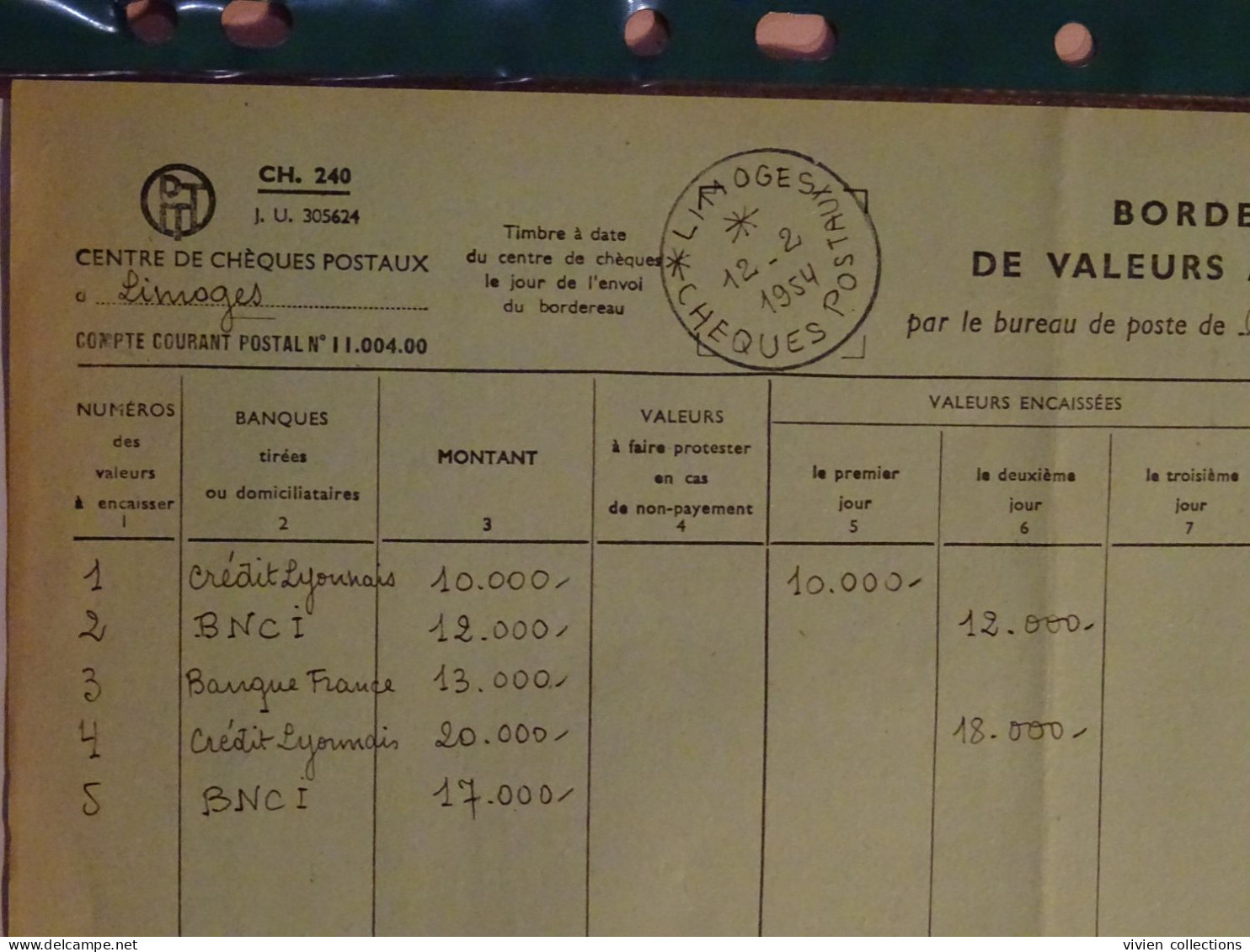 France Cours Centre D'instruction Orléans 1954 Bordereau, Chèque Et Mandat De Service Pour Limoges Chèques Postaux - Cours D'Instruction