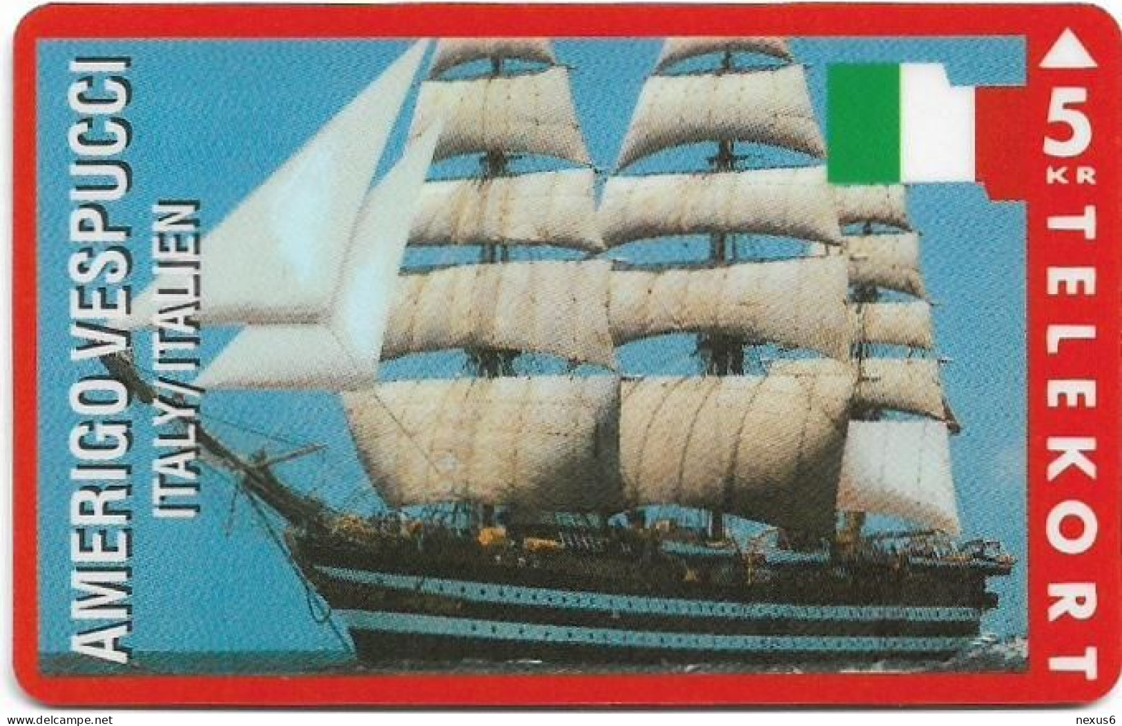 Denmark - KTAS - Ships (Red) - Italy - Amerigo Vespucci - TDKP059 - 01.1994, 5kr, 2.500ex, Used - Dänemark