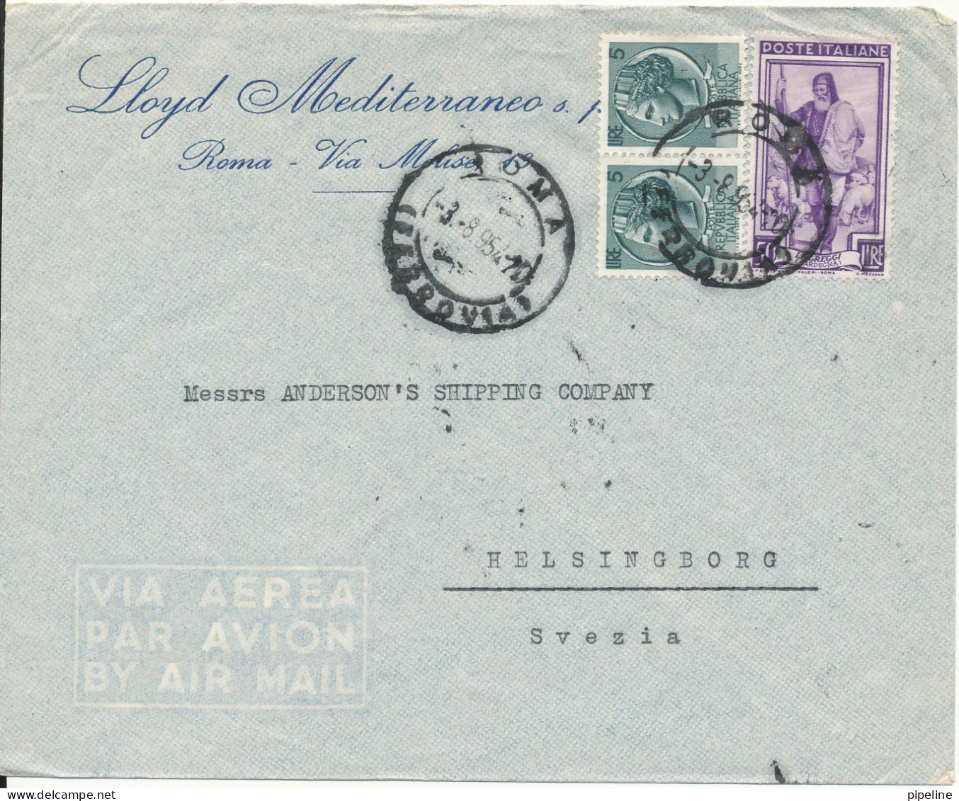 Italy Air Mail Cover Sent To Sweden Roma 8-9-1954 (the Cover Is Light Folded) - Luftpost