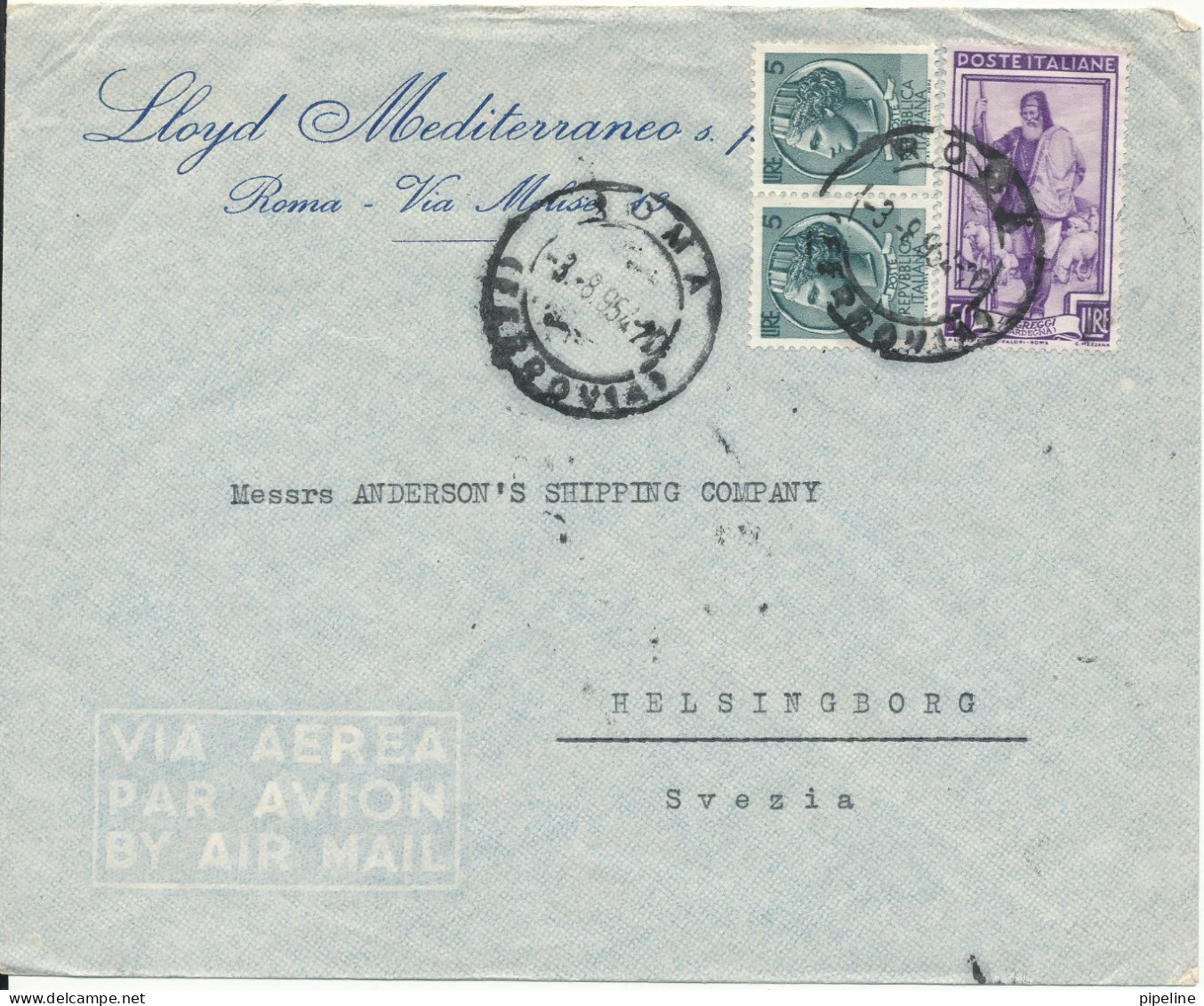 Italy Air Mail Cover Sent To Sweden Roma 8-9-1954 (the Cover Is Light Folded) - Posta Aerea