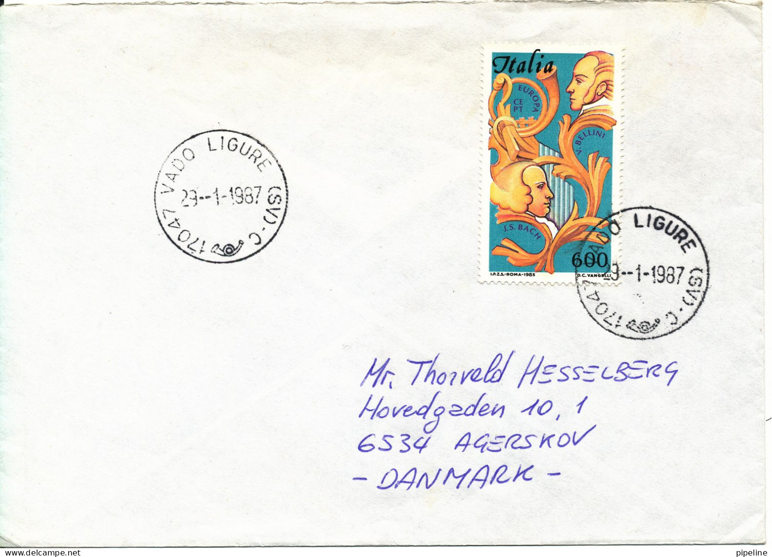 Italy Cover Sent To Denmark Ligure 29-1-1987 Single Franked - 1981-90: Marcophilie