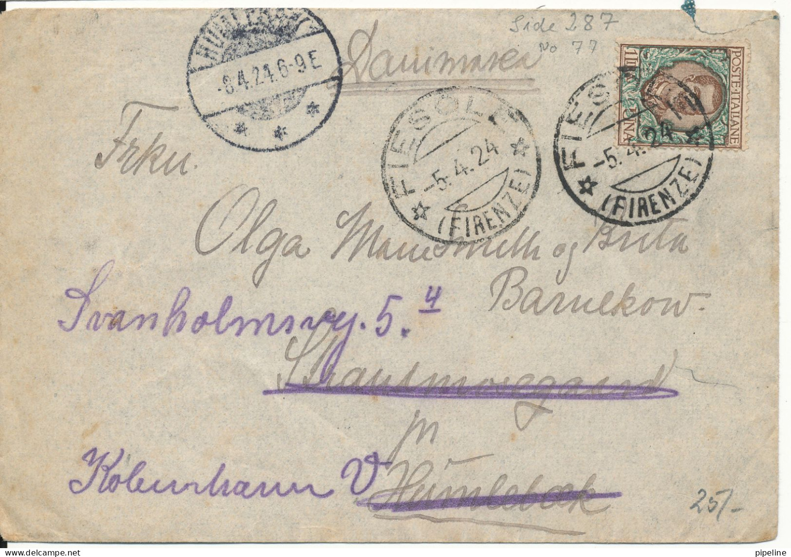 Italy Cover Sent To Denmark Firenze 5-4-1924 Single Franked The Cover Is Damaged At The Top Over The Stamp - Storia Postale