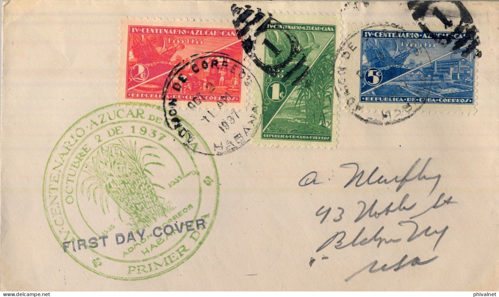 1937 CUBA , SOBRE DE PRIMER DIA , IV CENTENARIO DEL CULTIVO DEL AZÚCAR  EN LA ISLA . - Cartas & Documentos