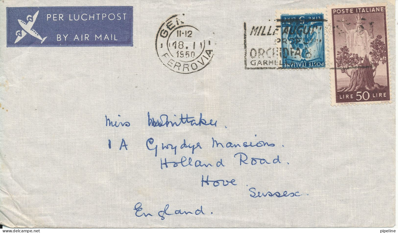Italy Air Mail Cover Sent To England Genova Ferrova 1950 - Airmail