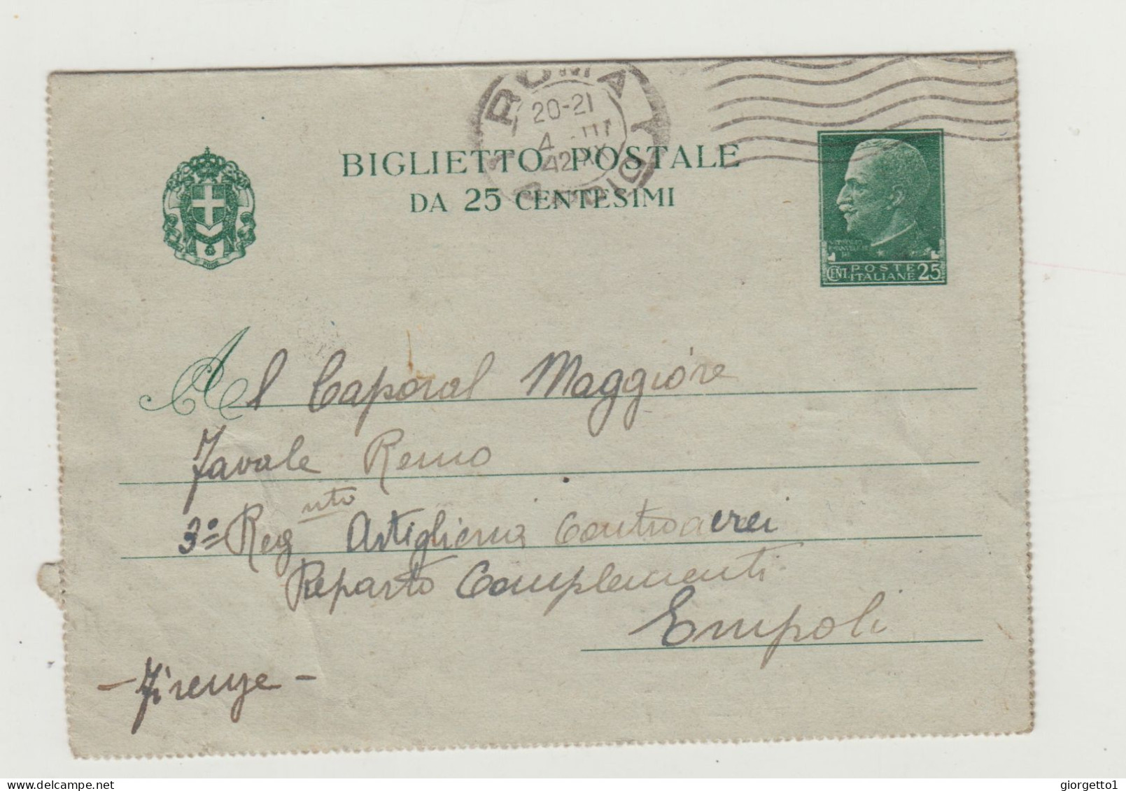 BIGLIETTO POSTALE DA 25 CENTESIMI - VIAGGIATA VERSO EMPOLI NEL 1942 WW2 - Storia Postale