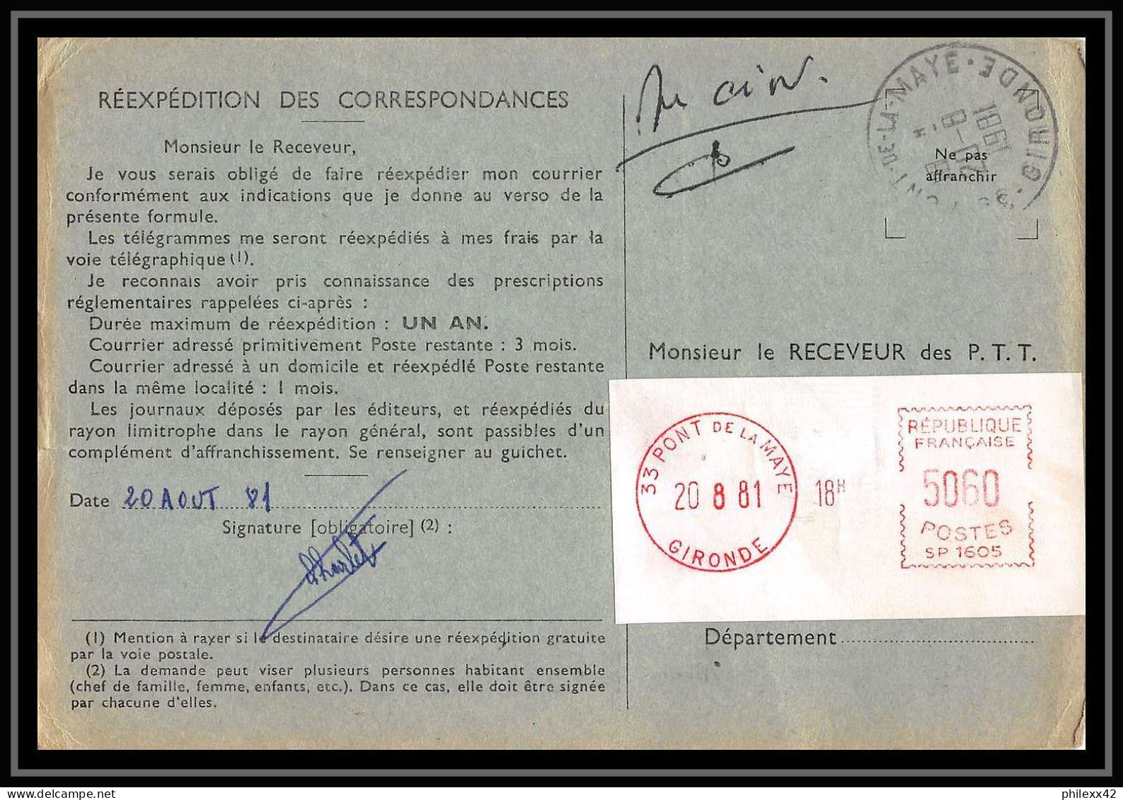 50504 Pont De La Maye Gironde Distributeur Ordre De Reexpedition Definitif France - Briefe U. Dokumente