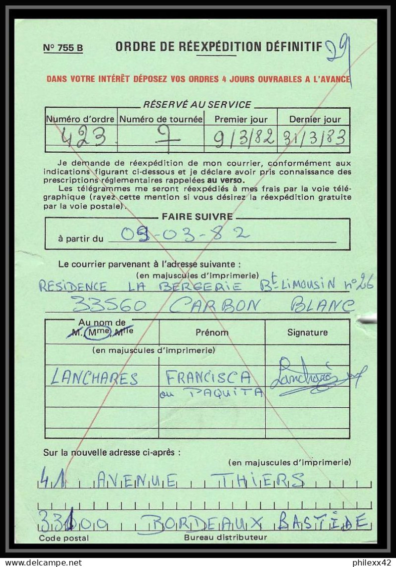 50499 Bordeaux Gironde Distributeur Ordre De Reexpedition Definitif France - Briefe U. Dokumente