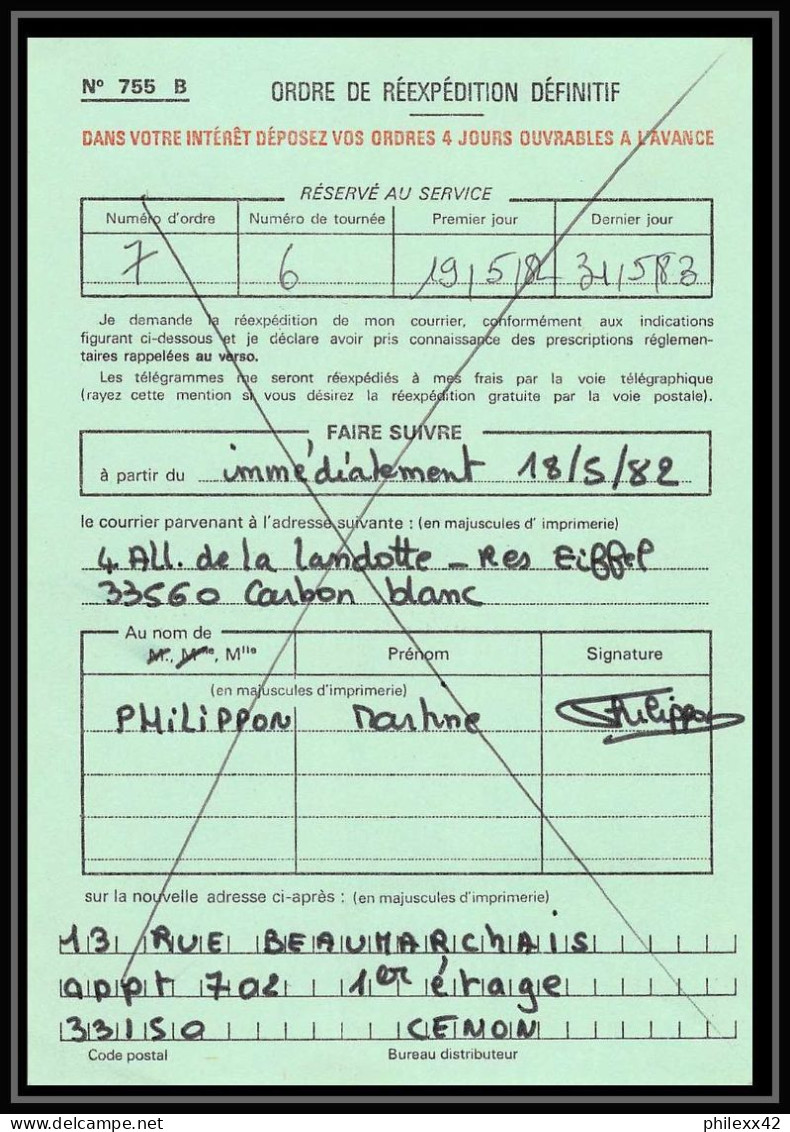 50500 Bordeaux Gironde Distributeur Ordre De Reexpedition Definitif France - Cartas & Documentos