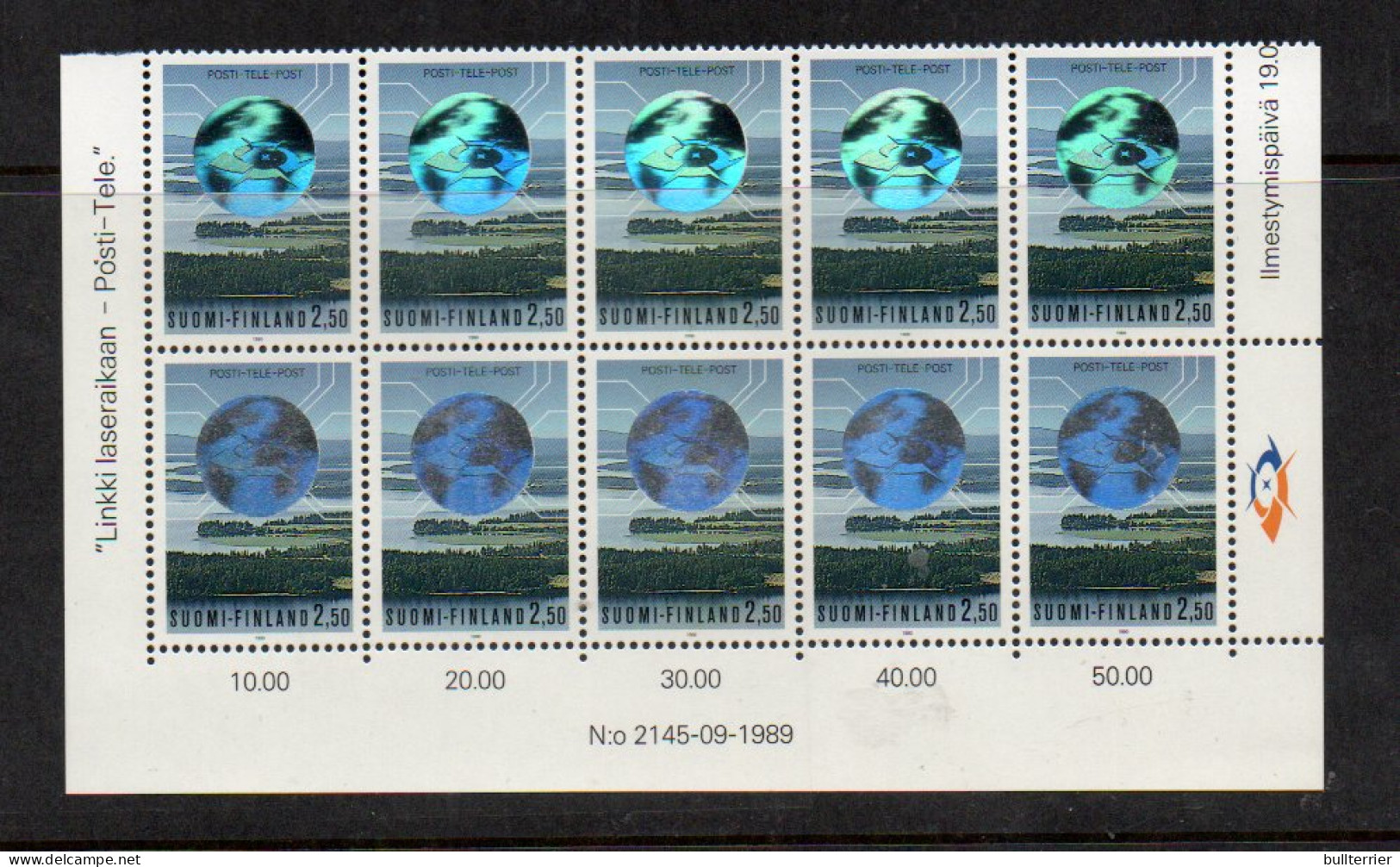 HOLOGRAMS - FINLAND - 1989 - POSTS  2M50 BLOCK OF 10   MINT NEVER HINGED, SG CAT £24  - Hologrammen