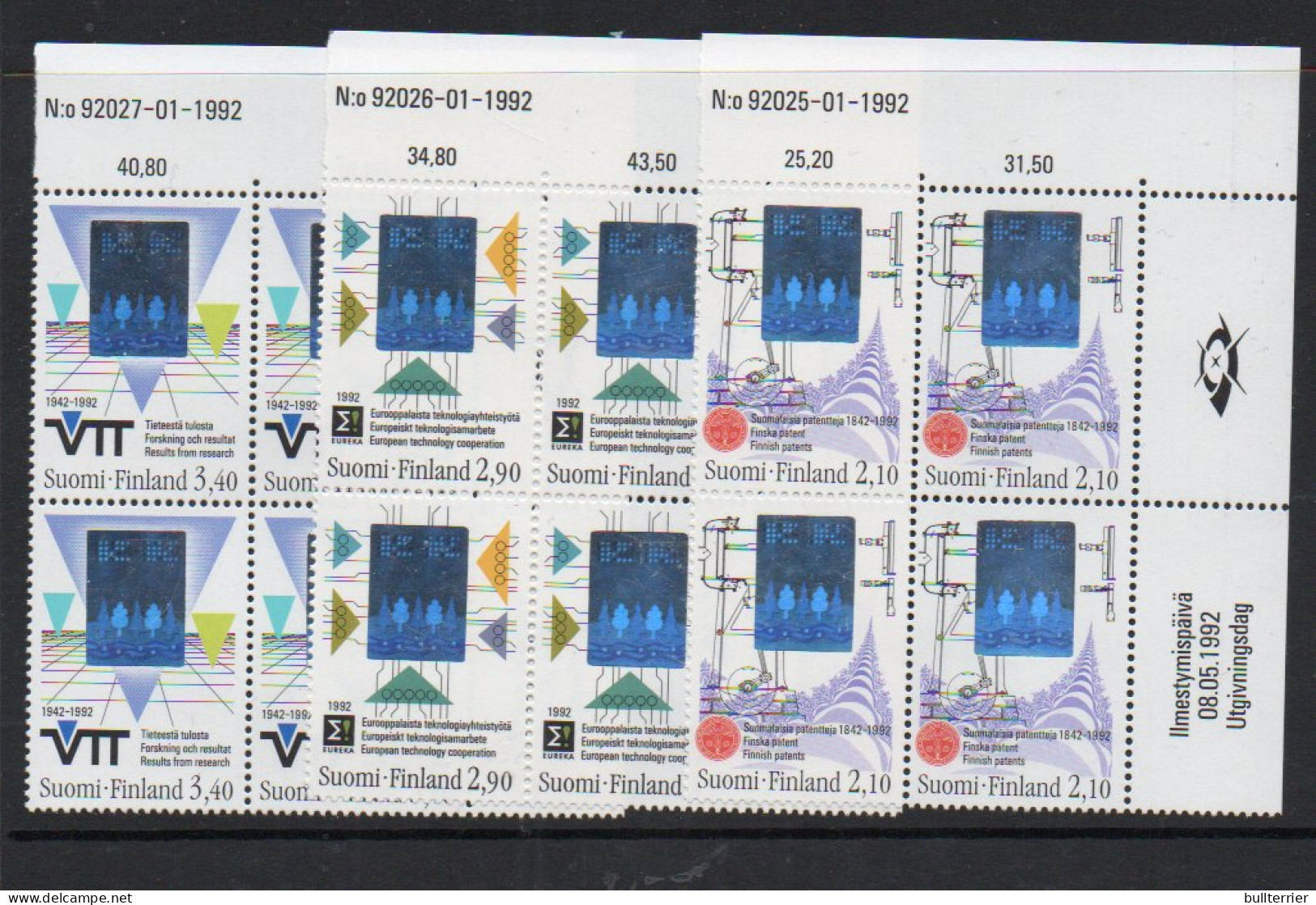 HOLOGRAMS - FINLAND - 1992 -TECHNOLOGY HOLOGRAMS SET OF 3 IN BLOCKS OF 4 MINT NEVER HINGED, SG CAT £35 - Hologramas
