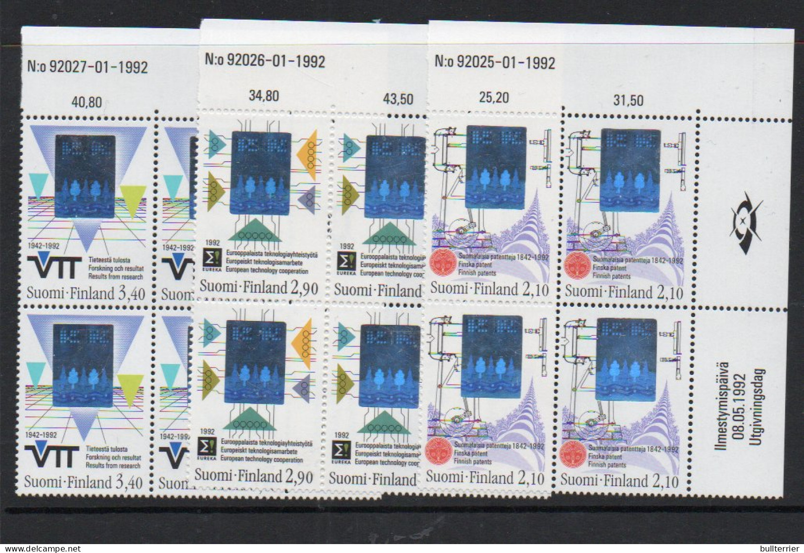 HOLOGRAMS - FINLAND - 1992 -TECHNOLOGY HOLOGRAMS SET OF 3 IN BLOCKS OF 4 MINT NEVER HINGED, SG CAT £35 - Hologrammen