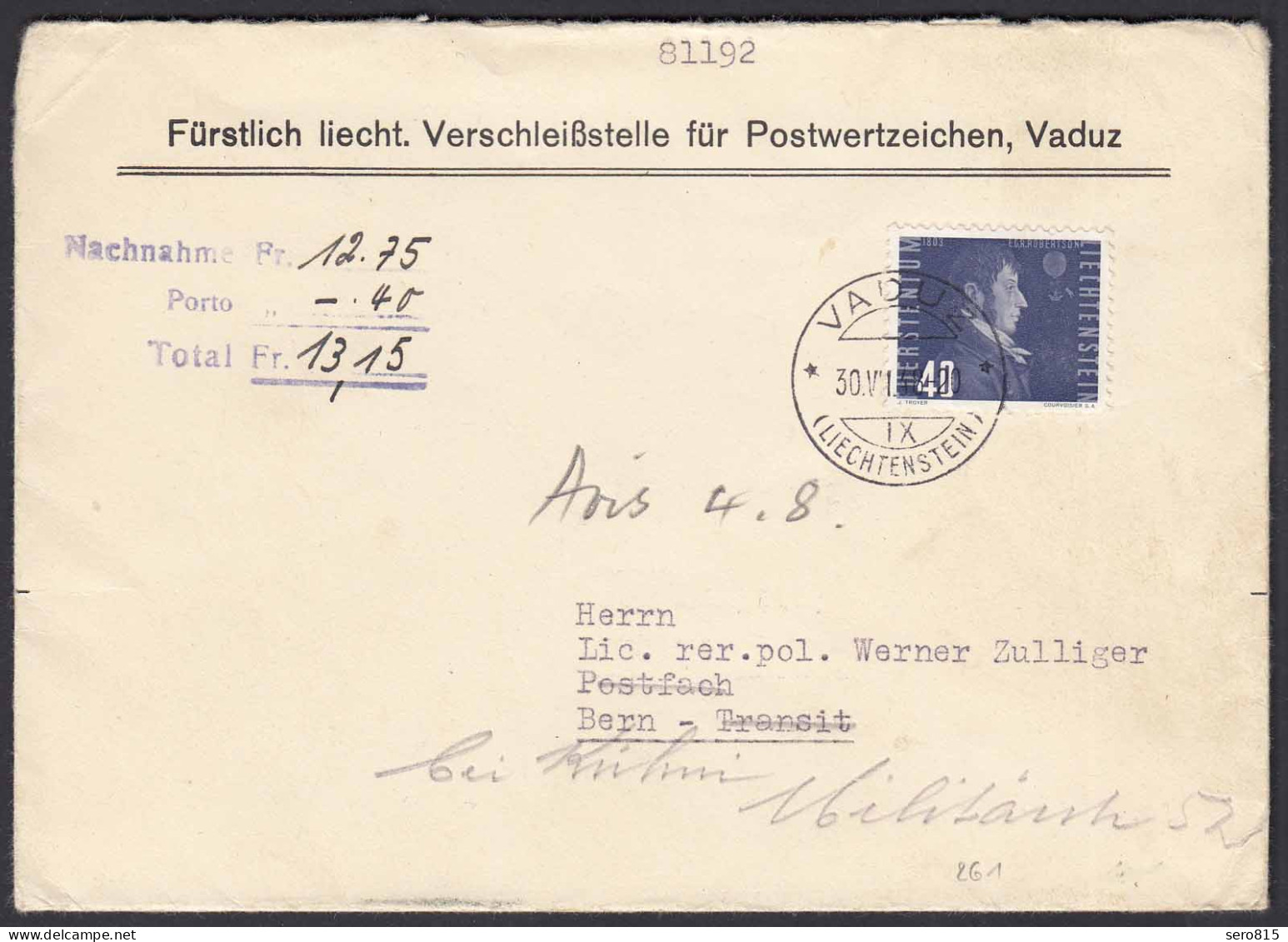 Liechtenstein NN-Brief Vaduz - Bern Einzelfrankatur Mi.261 Von 1948    (22924 - Autres & Non Classés