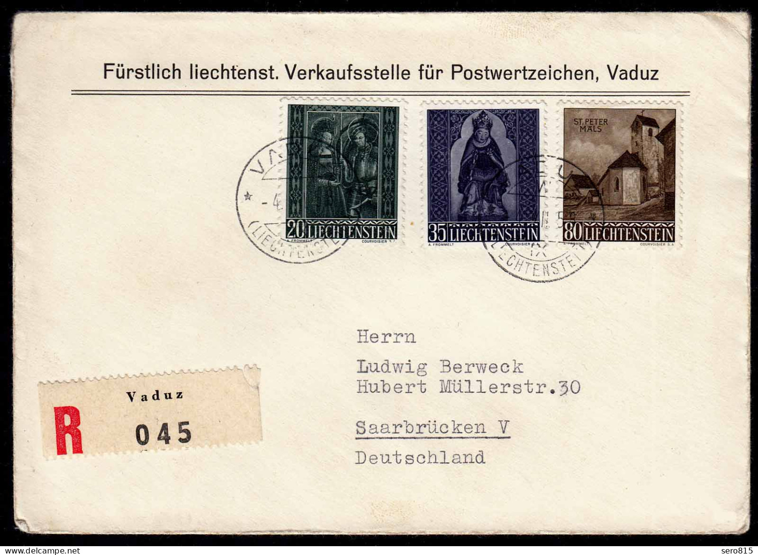 Liechtenstein R-Brief Vaduz - Saarbrücken Mi.374-6 Von 1958    (22925 - Altri & Non Classificati