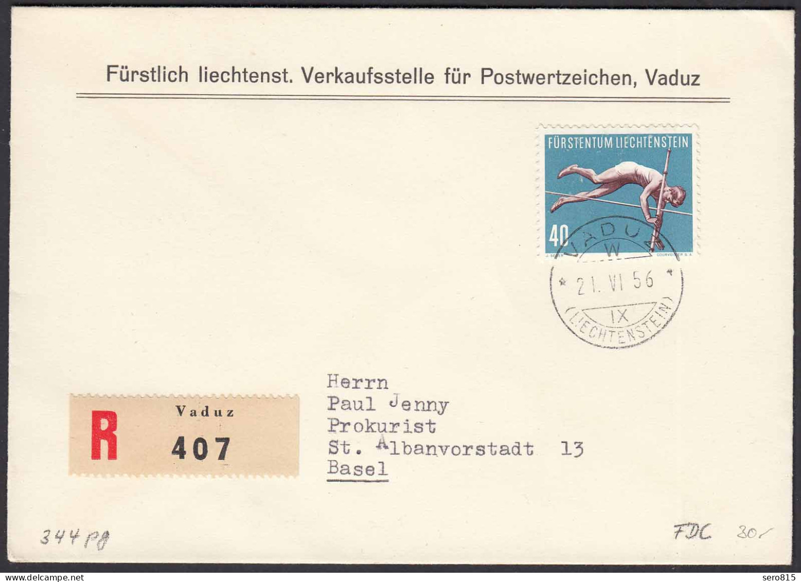 Liechtenstein 1956 R-FDC Mi.344 Hochsprung Nach Basel  (22928 - Altri & Non Classificati