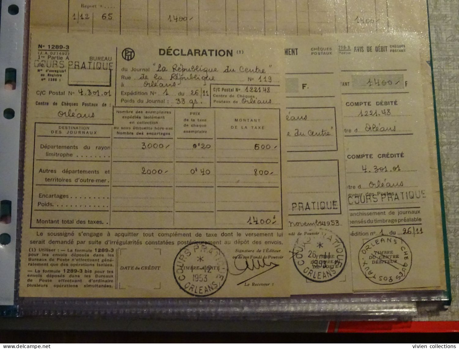 France Cours Pratique D'instruction Orléans 1953 La République Du Centre Journal Quotidien / Déclaration Chèques Postaux - Cours D'Instruction