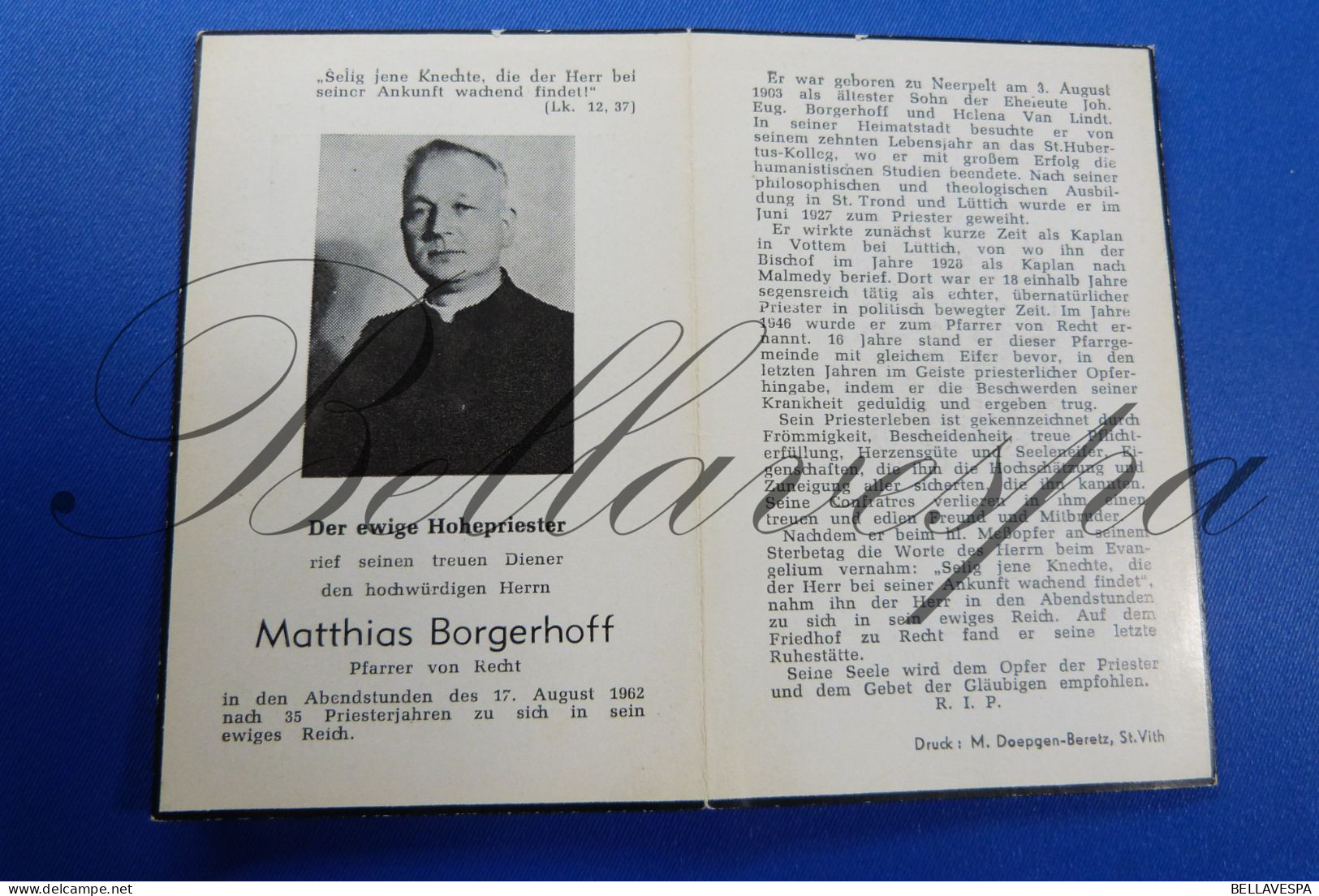 Matthias BORGERHOFF-Van Lindt  Neerpelt 1903 - St Truiden- Liege- Malmedy-1962 (Kruisheer?) - Obituary Notices