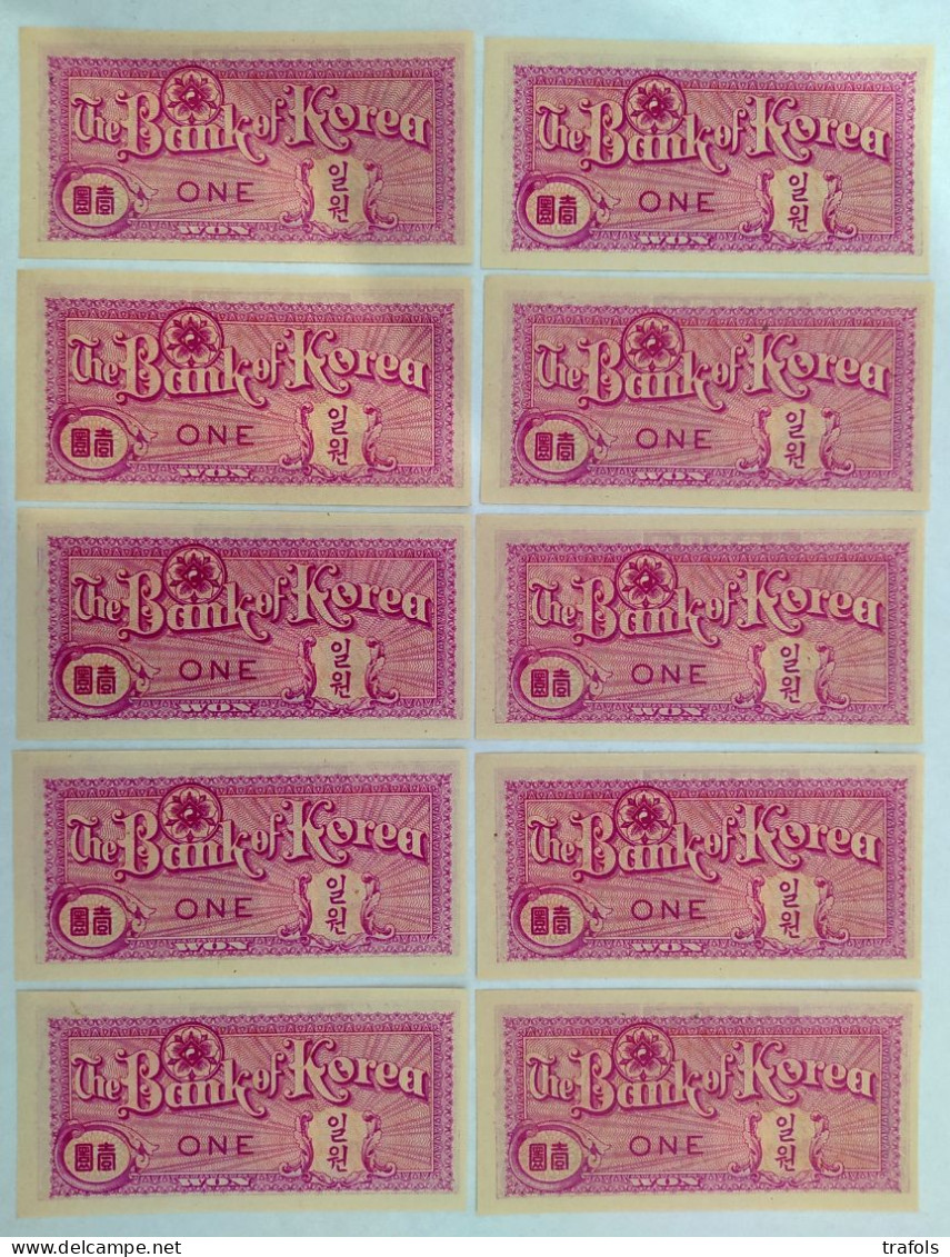 South Korea - Lot 10 * 1 Won 1953 P. 11 Hwan - Block 3 - UNC Consecutives From Bundle - Occasion - Very Rare!! - Korea (Süd-)