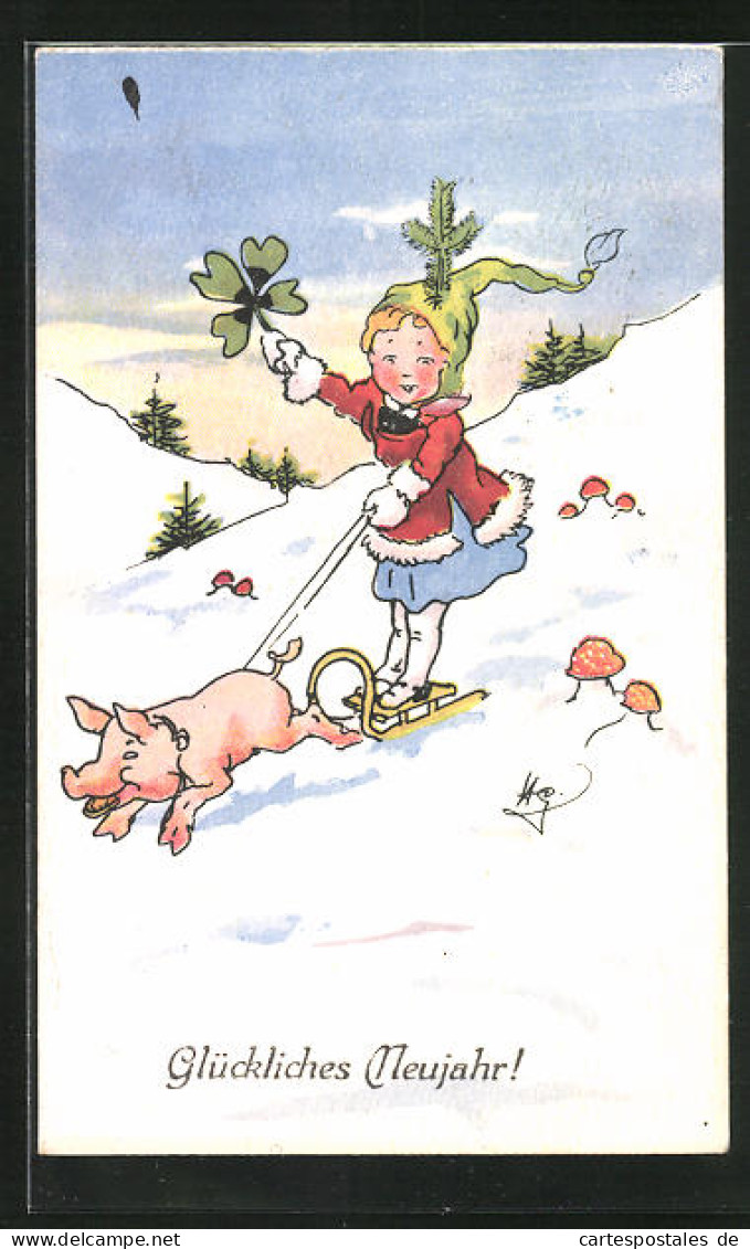 Künstler-AK Neujahrsgruss, Schweineschlitten, Glücksbringer  - Schweine