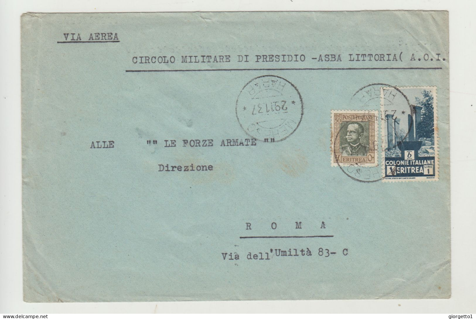 BUSTA SENZA LETTERA -VIA AEREA - HARAR DEL 1937 VERSO ROMA WW2 - Storia Postale