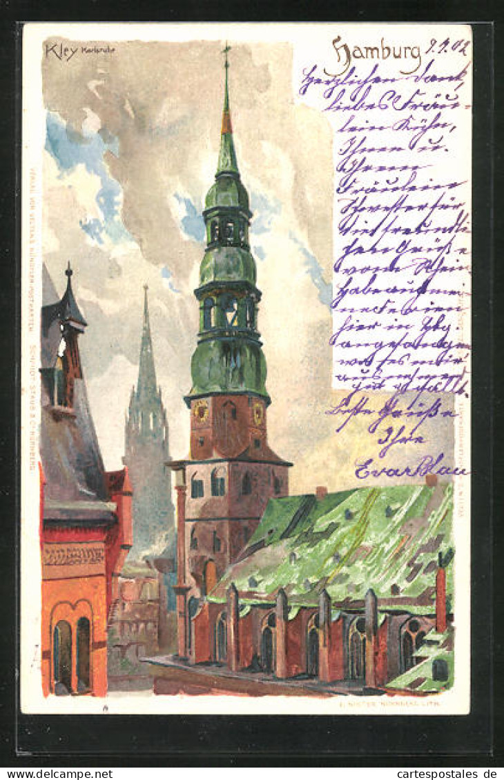 Künstler-AK Heinrich Kley: Hamburg, Blick Zur Kirche  - Kley