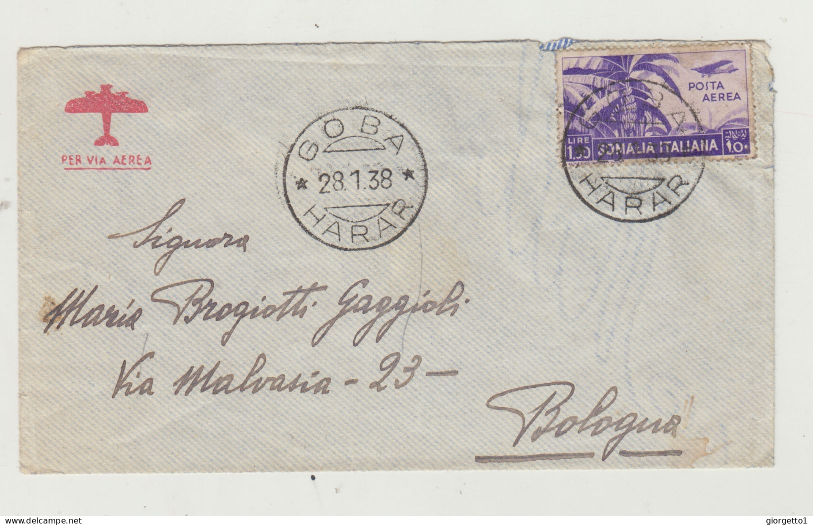 BUSTA SENZA LETTERA -VIA AEREA - GOBA HARAR DEL 1938 SOMALIA ITALIANA VERSO BOLOGNA WW2 - Poststempel (Flugzeuge)